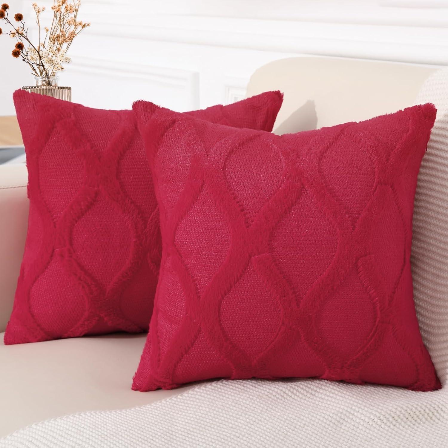 Red Plush Faux Wool Euro Throw Pillow Covers, 18x18 Inch, Set of 2