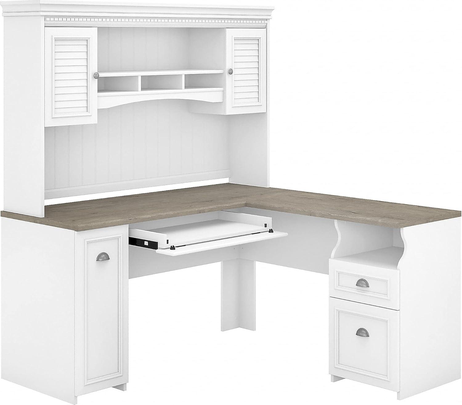 Bush Furniture Fairview 60" W L Shaped Desk with Hutch, White/Gray