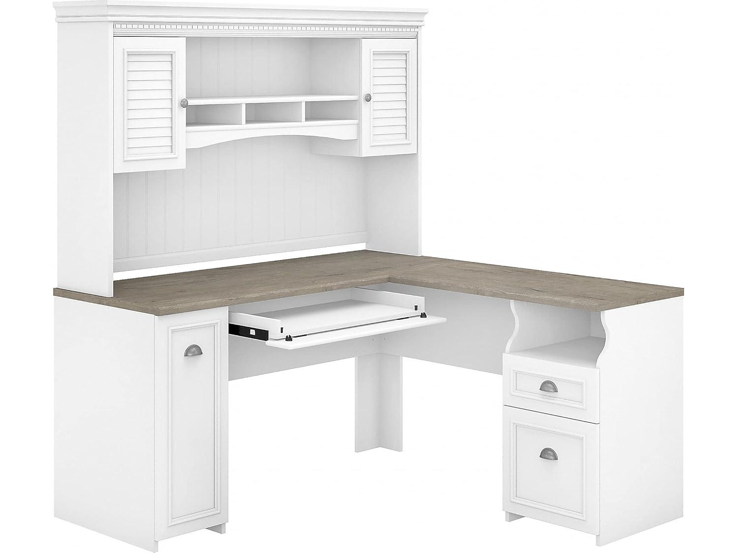 Bush Furniture Fairview 60" W L Shaped Desk with Hutch, White/Gray