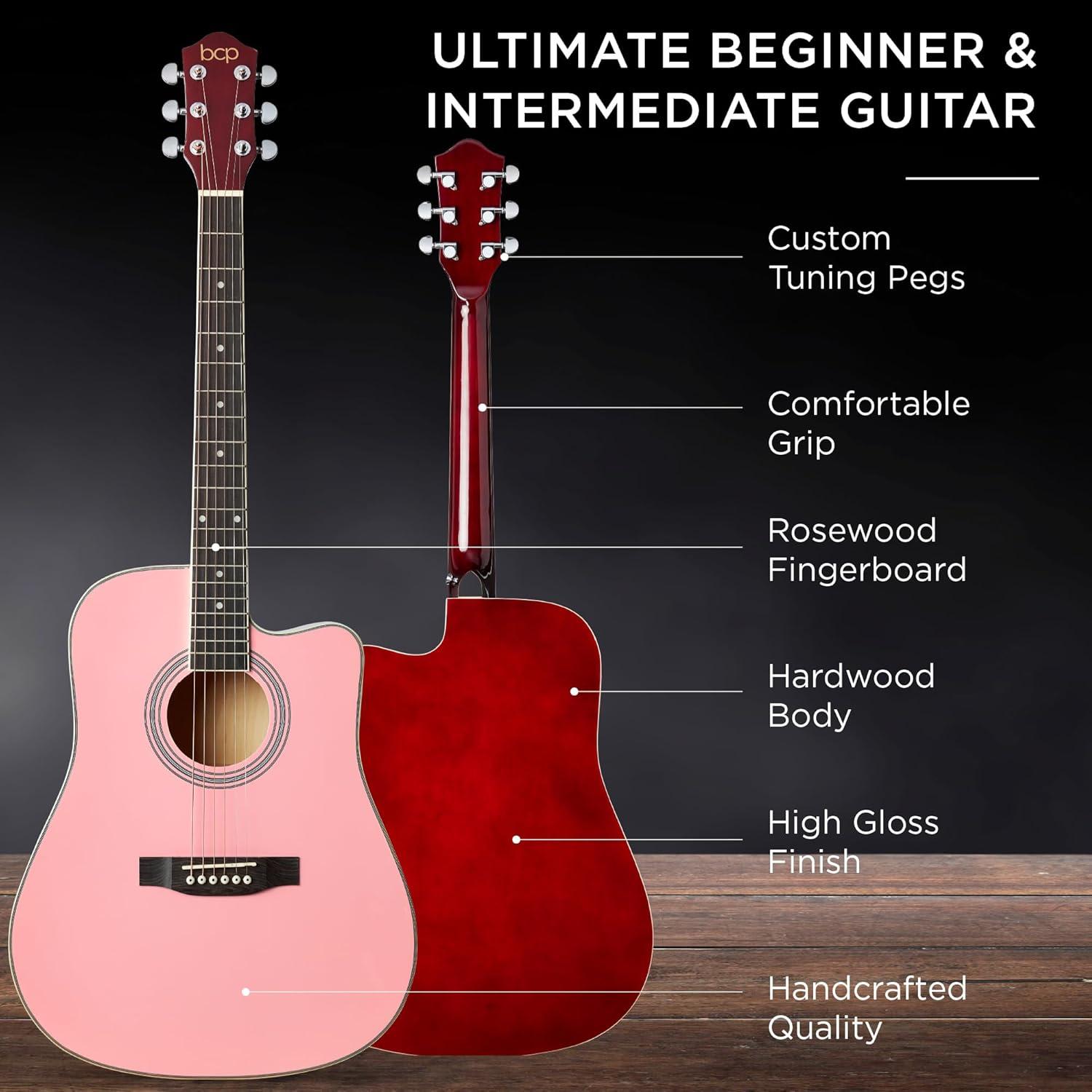 Best Choice Products 41in Full Size Beginner Acoustic Guitar Set with Case, Strap, Capo, Strings - Pink