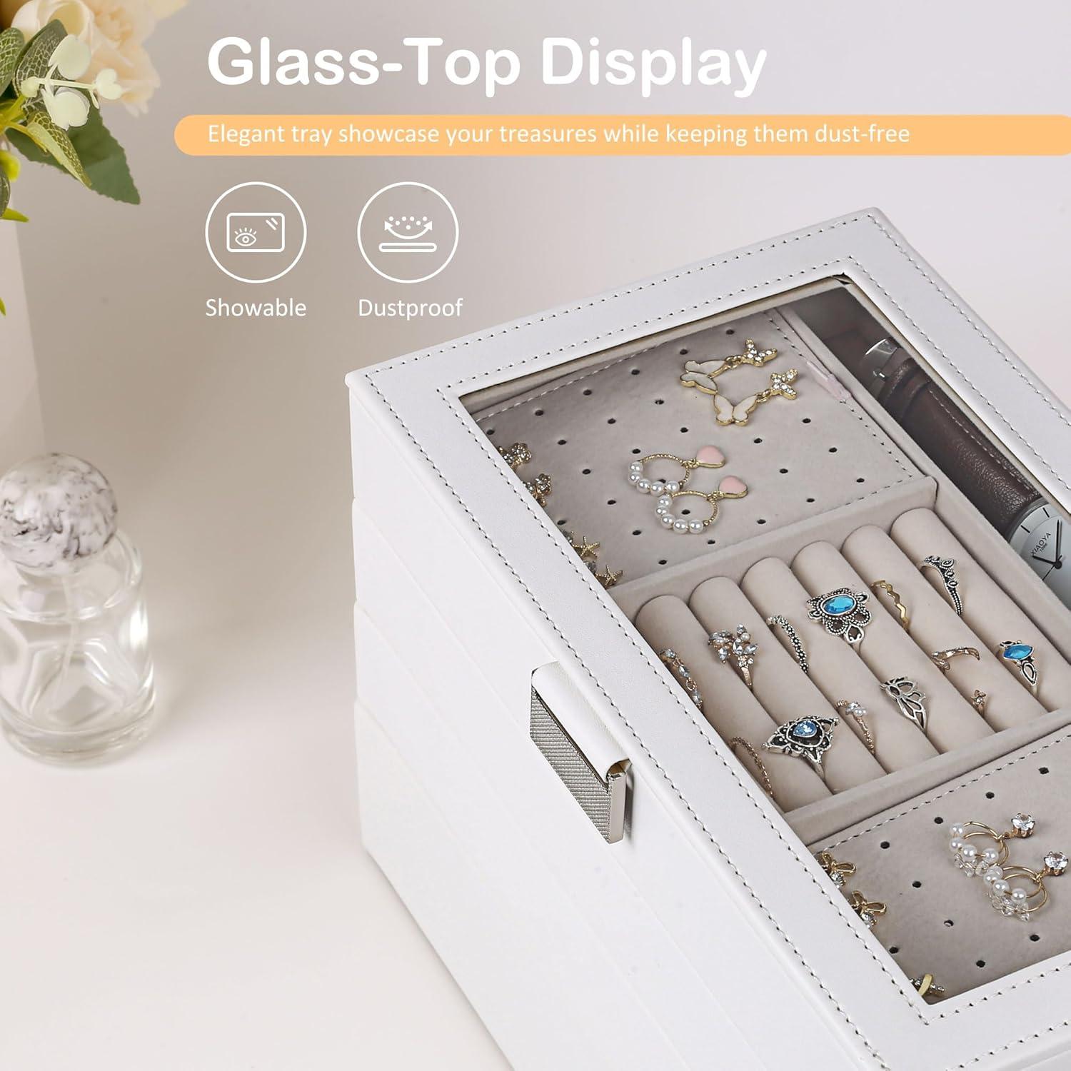 Latitude Run® Stackable Jewelry Trays, 4-Tier Jewelry Box, Drawer Jewelry Organizer, With Glass Lid, Removable Dividers, For Vanity Table, 6.7 X 11 X 7.2 Inches, Cloud White