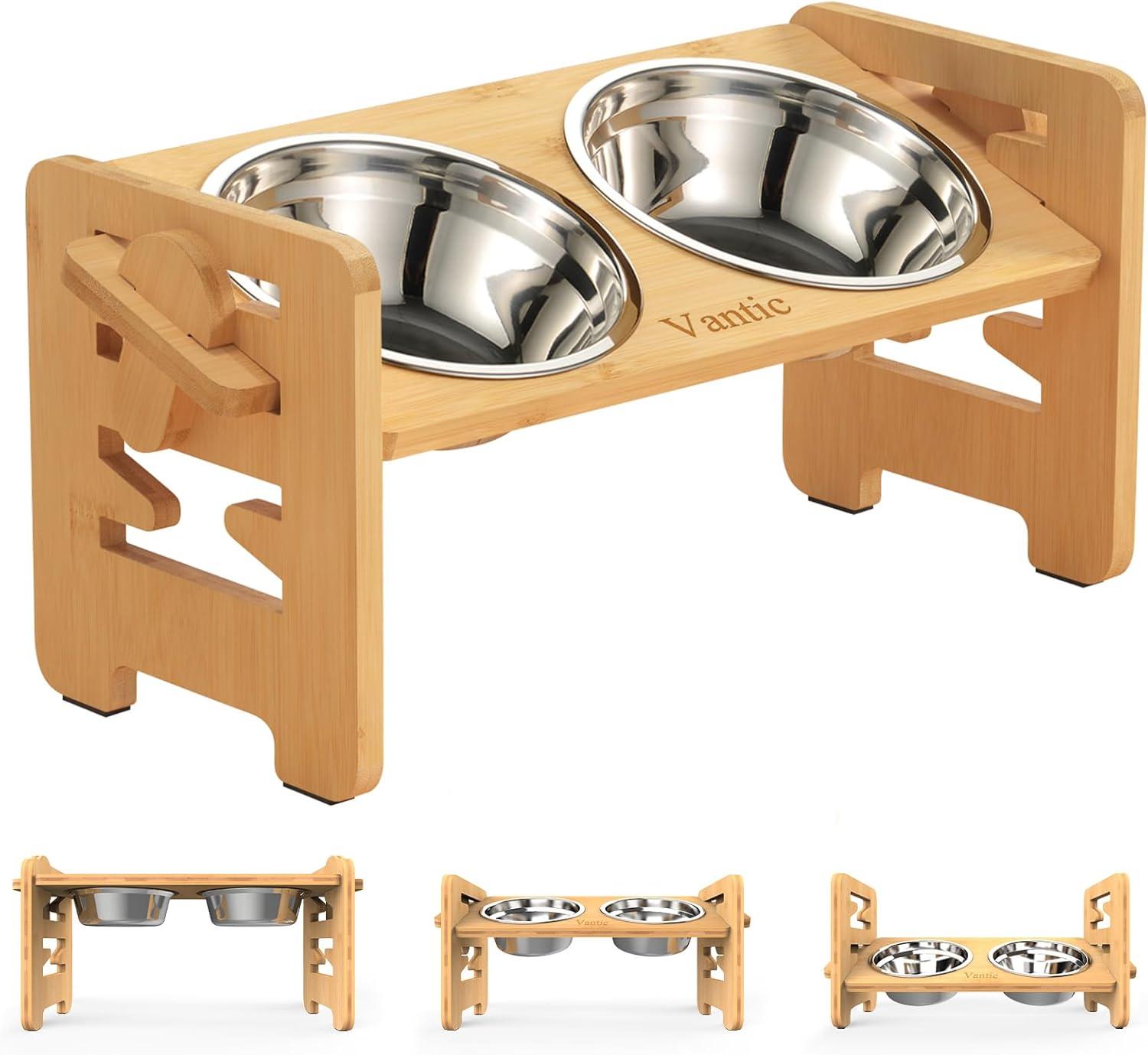 Vantic Elevated Dog Bowls-Adjustable Raised Dog Bowls with Stand for Small Size Dogs and Cats,Durable Bamboo Dog Feeder with 2 Stainless Steel Bowls and Non-Slip Feet