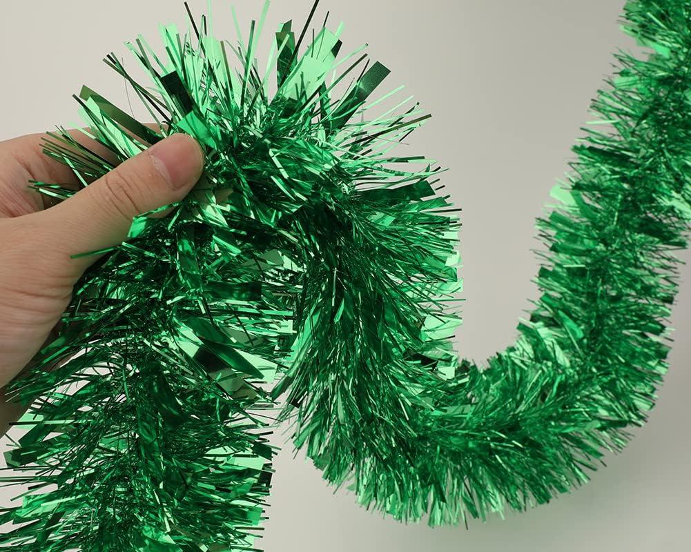 25 ft Long Roll Green Tinsel Twist Garland, Shiny Metallic Foil decorations for Parade Floats, Halloween, Christmas Eve, New Year Parties (4" x 25' roll, Green)