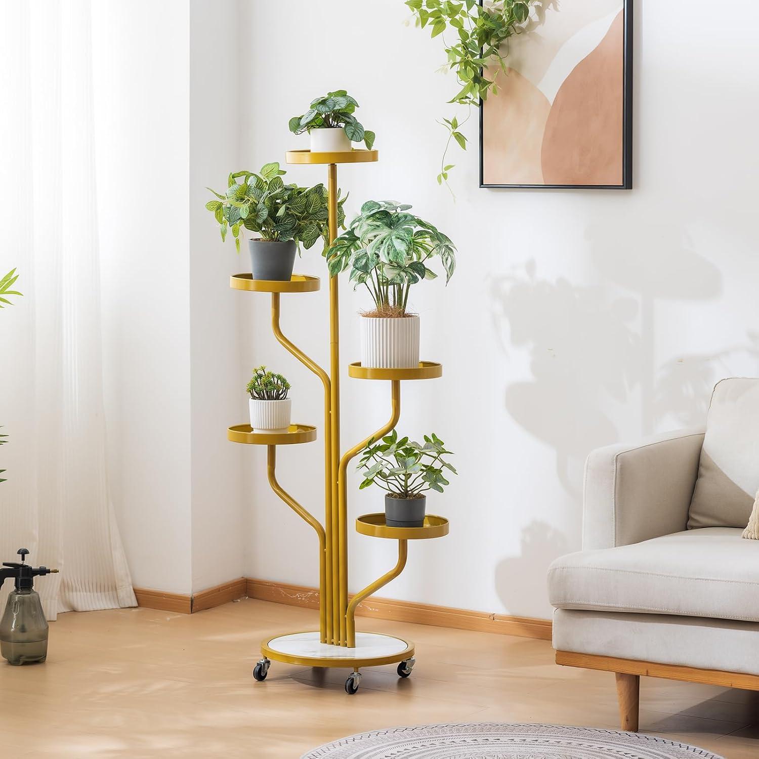 Gold 5-Tier Wrought Iron Indoor Plant Stand with Wheels