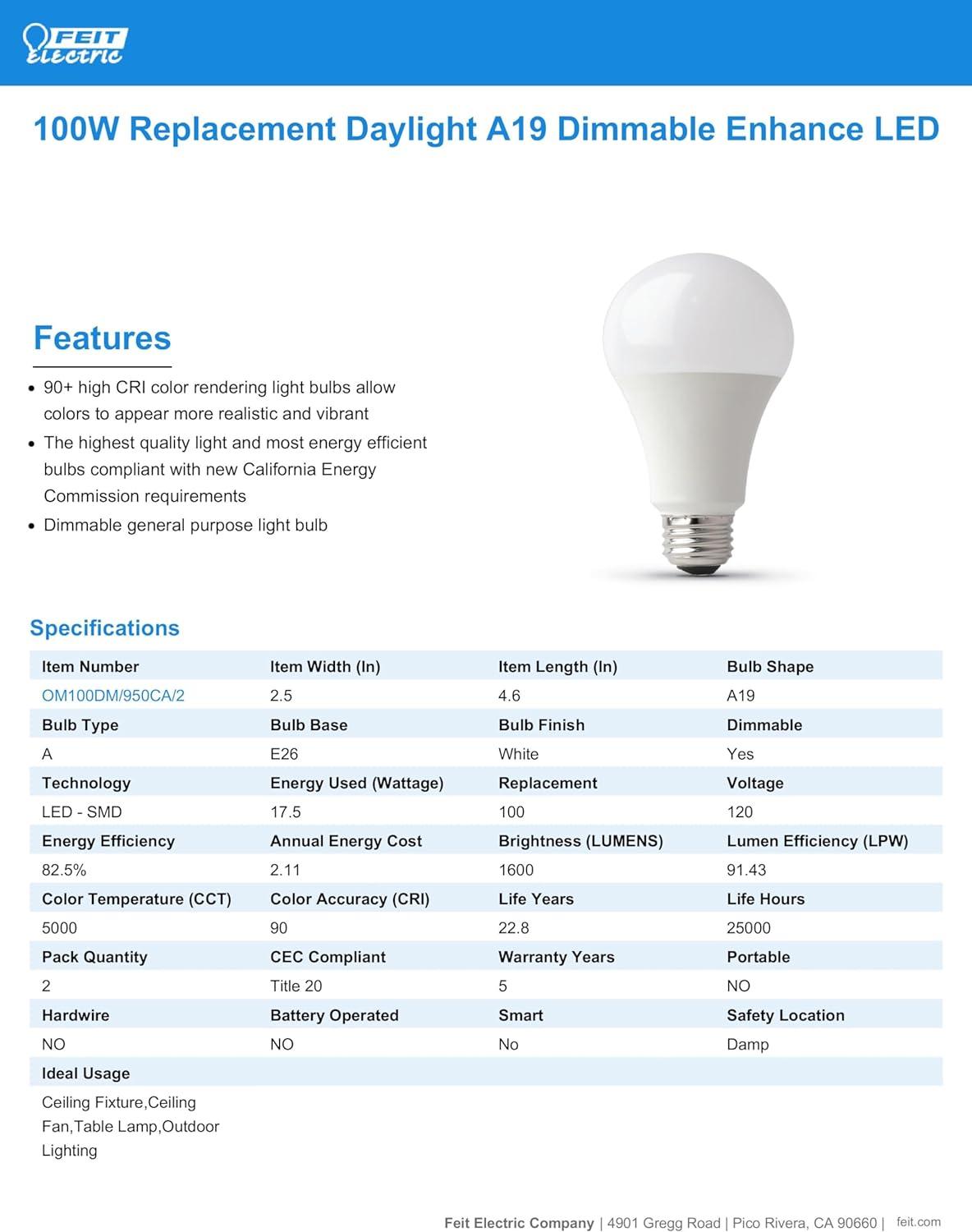 Feit Electric Enhance A19 E26 (Medium) LED Bulb Daylight 100 Watt Equivalence 2 pk