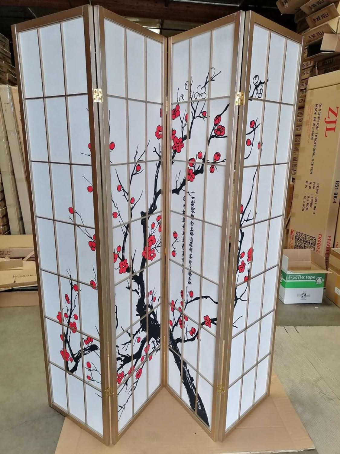 Legacy Decor Plum Blossom 8 Panel Room Divider Black 71"H x 140"Wide