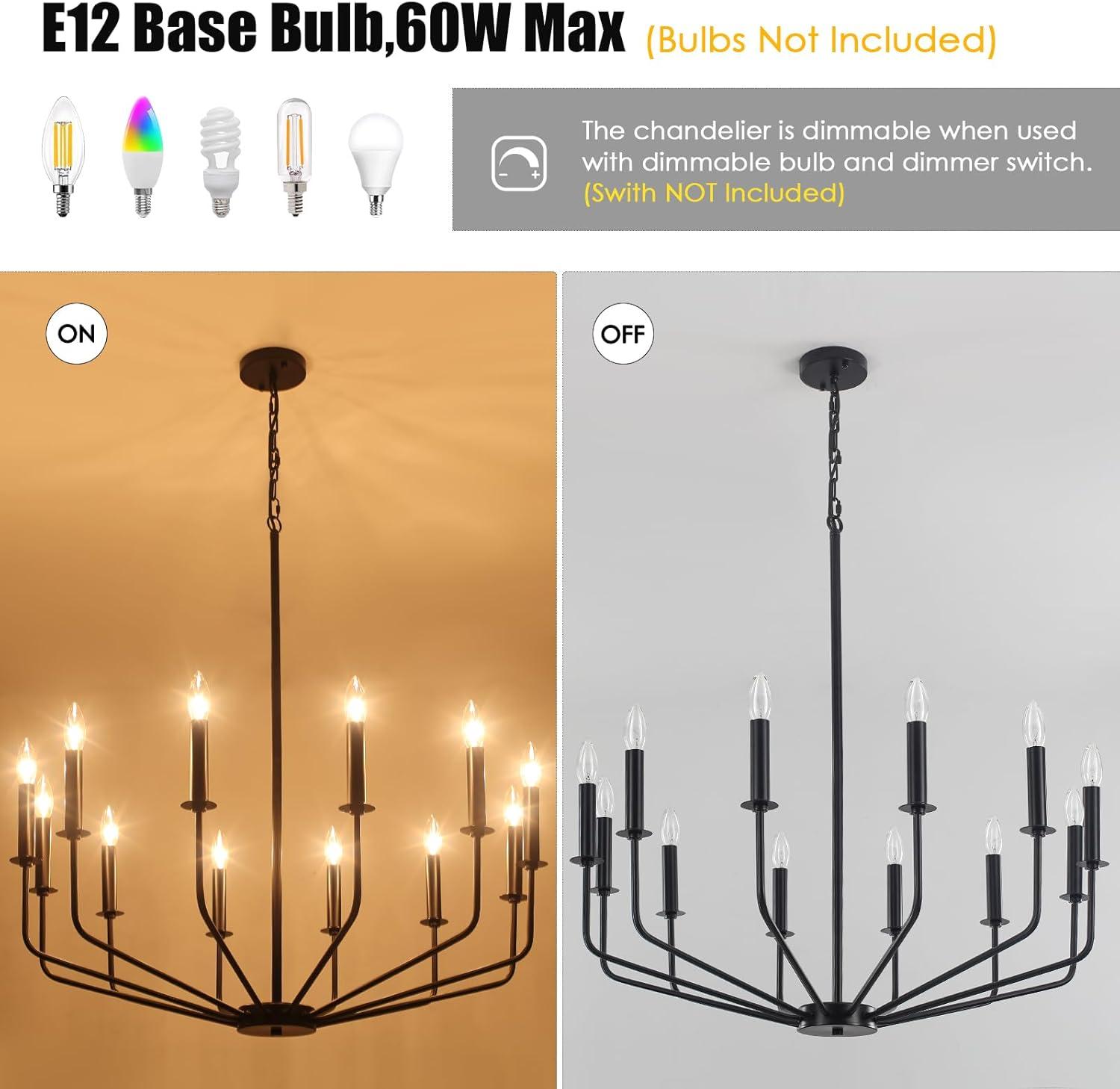 Farmhouse Black Large Chandelier Light Fixture for Dining Room,12 Light Round Matte Candle Modern Chandelier Pendant Light Fixture for Living Room Bedroom Kitchen Foyer Entryway.