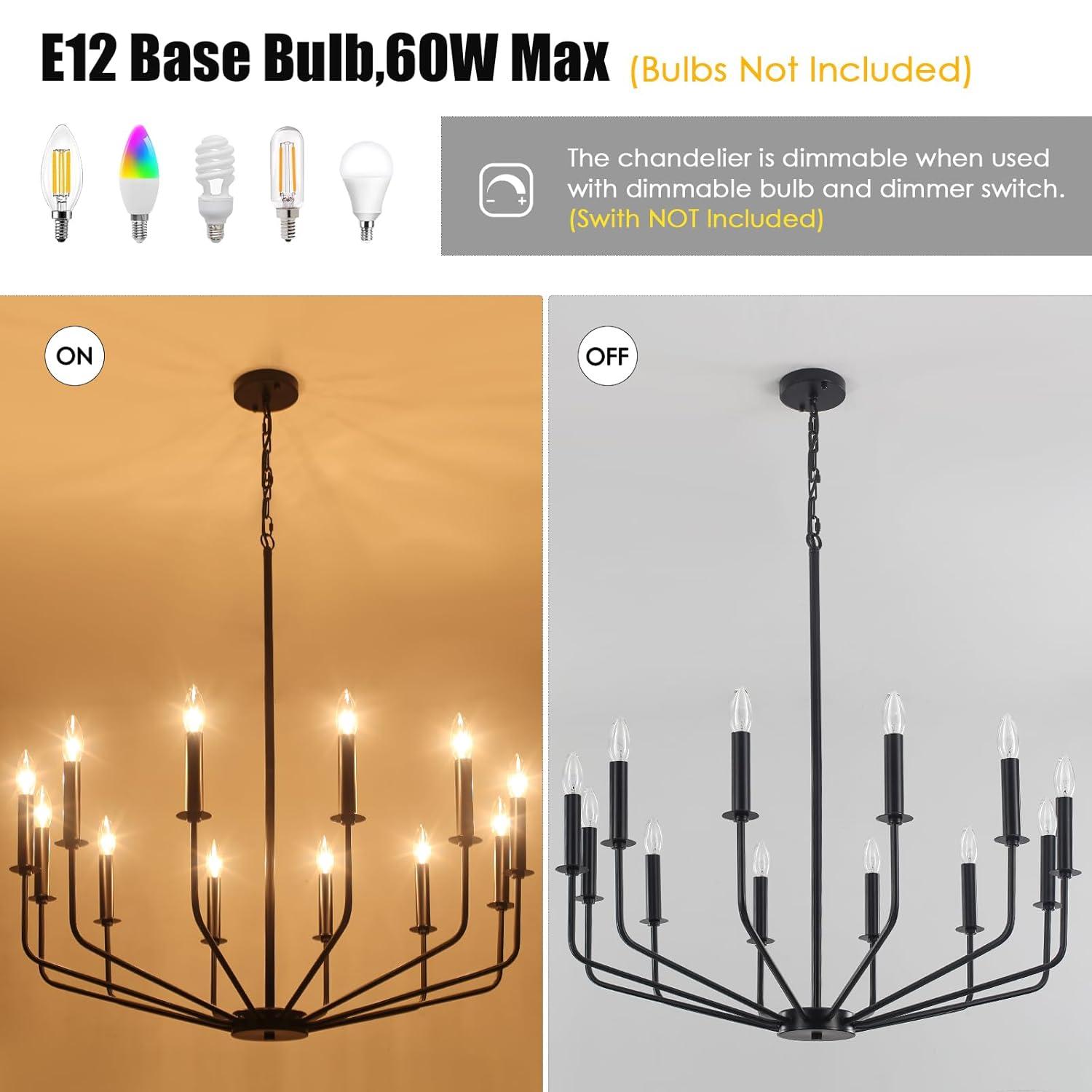 Farmhouse Black Large Chandelier Light Fixture for Dining Room,12 Light Round Matte Candle Modern Chandelier Pendant Light Fixture for Living Room Bedroom Kitchen Foyer Entryway.