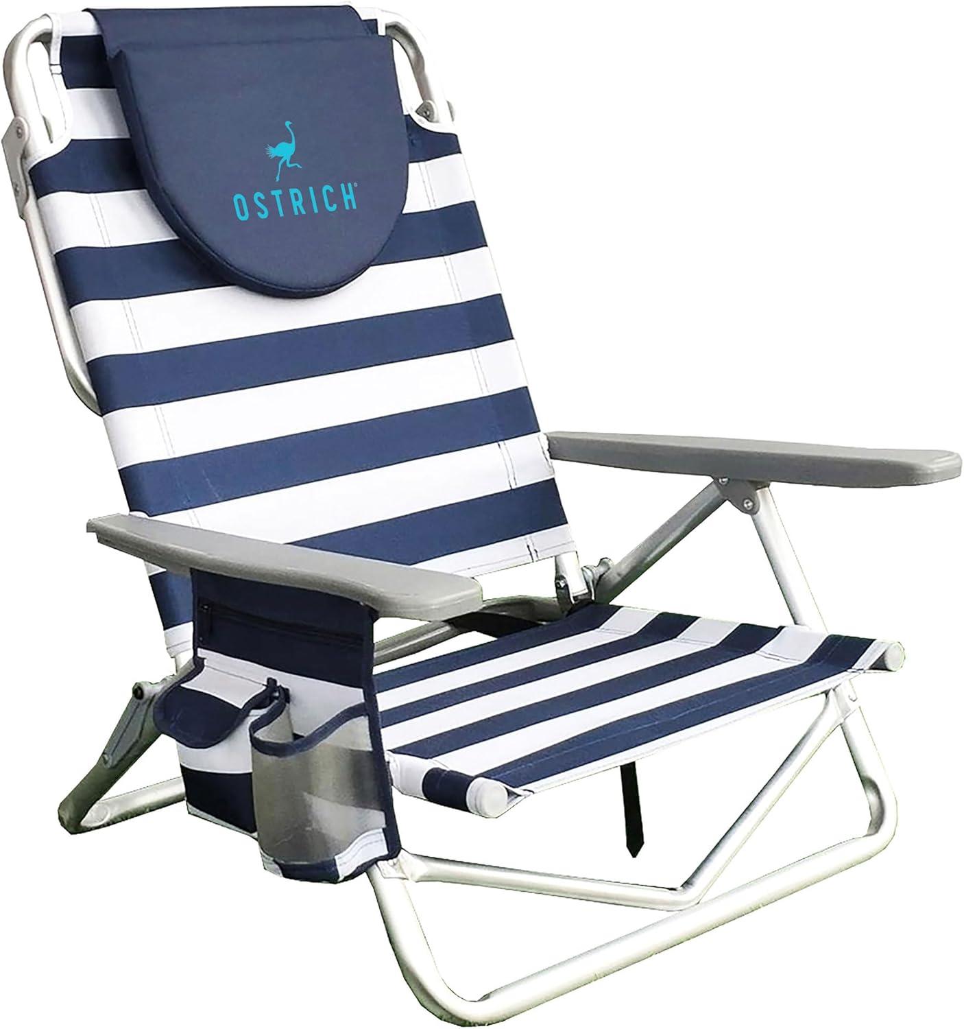 Ostrich On-Your-Back Sand Chair, Beach Reclining Lawn Chair w/Backpack Straps, Outdoor Furniture for Pool, Camping, or Backyard, Blue Stripe