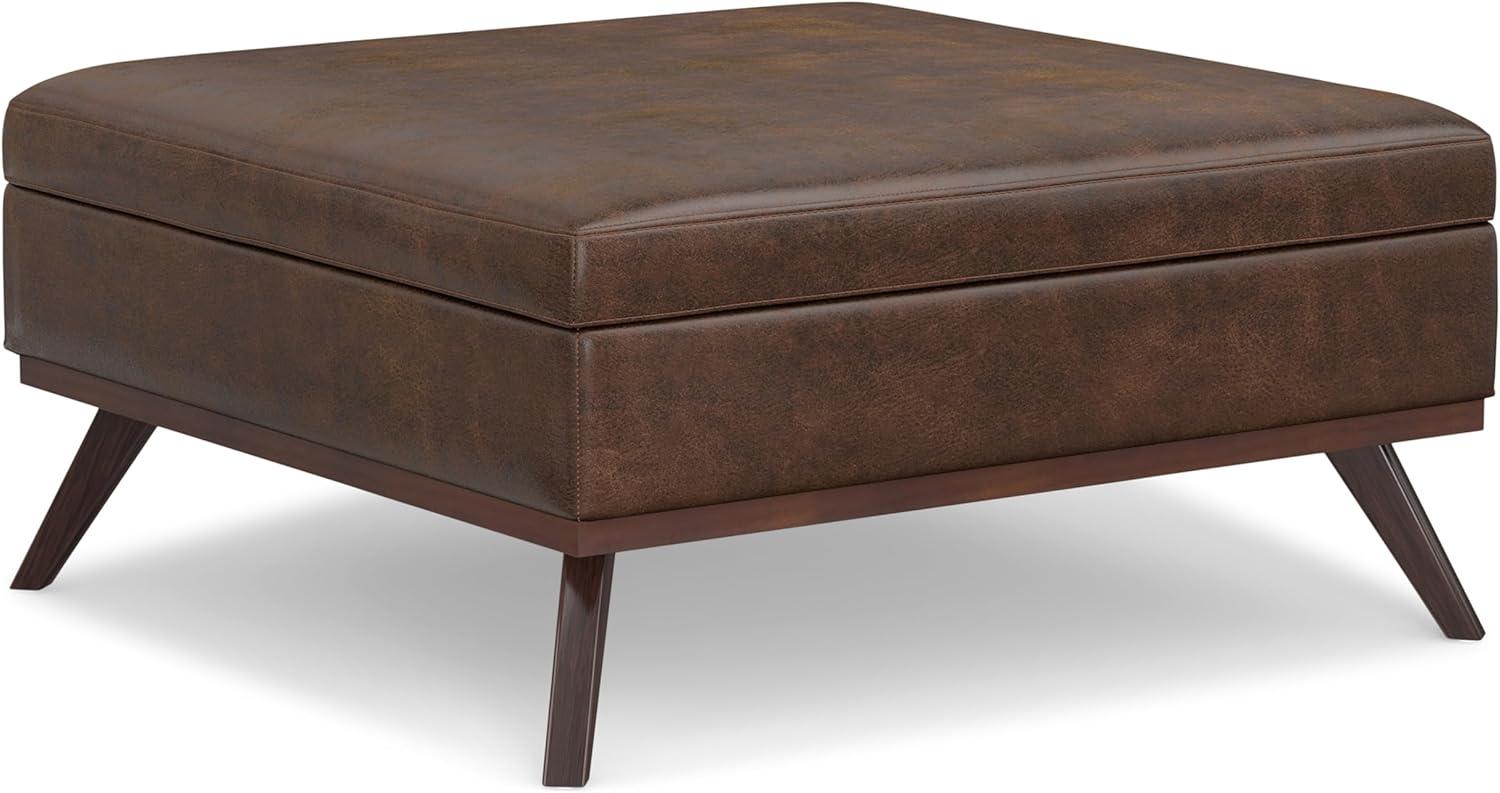 Simpli Home Owen 40 inch Wide Mid Century Modern Square XL Coffee Table Storage Ottoman in Distressed Chestnut Brown Vegan Faux Leather, Assembled