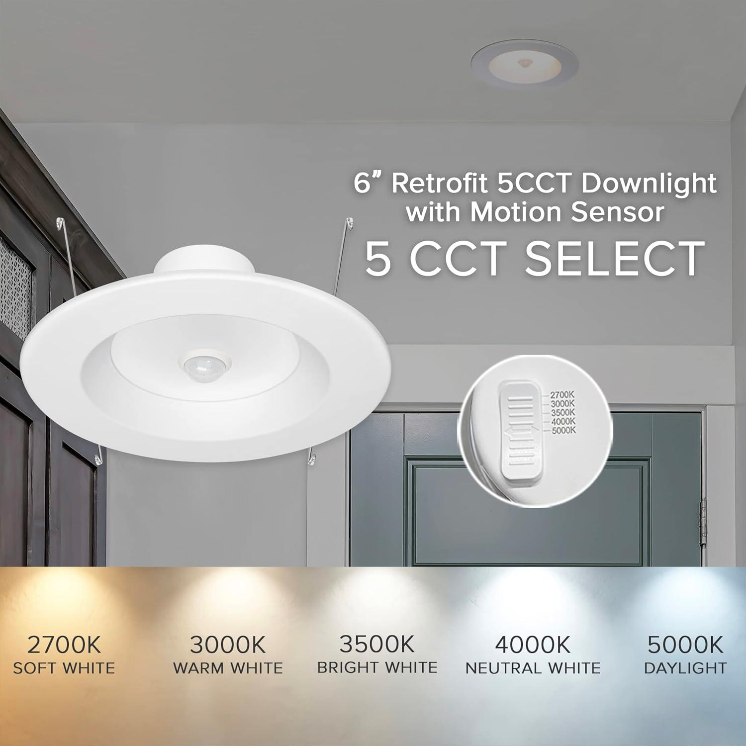 Maxxima 5 in. & 6 in. Retrofit LED PIR Motion Sensor Downlight - 1300 Lumens, 14 Watts, 5 CCT 2700K/3000K/3500K/4000K/5000K, Energy Efficient Indoor Ceiling Lighting Fixture