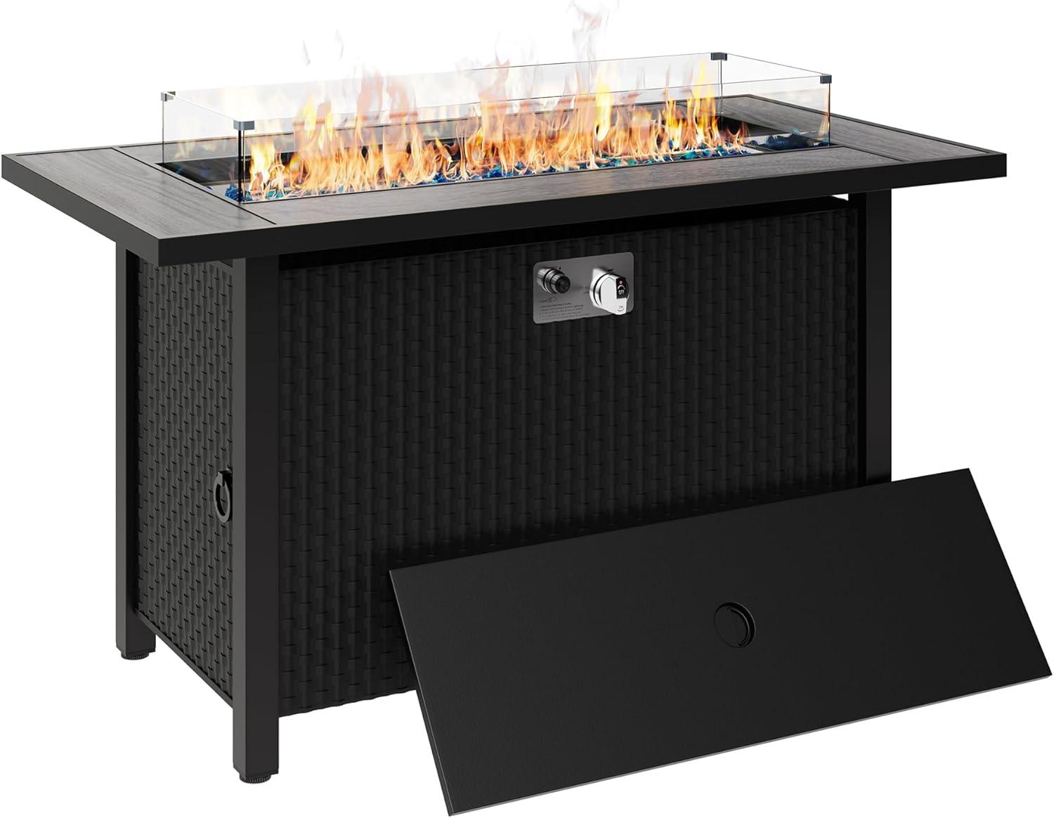 JOIVI 45” Propane Fire Pit, 50,000 BTU Gas Fire Pit Table with Glass Wind Guard and Waterproof Cover, Outdoor Heating Firepit Table for Patio, Yard, Balcony