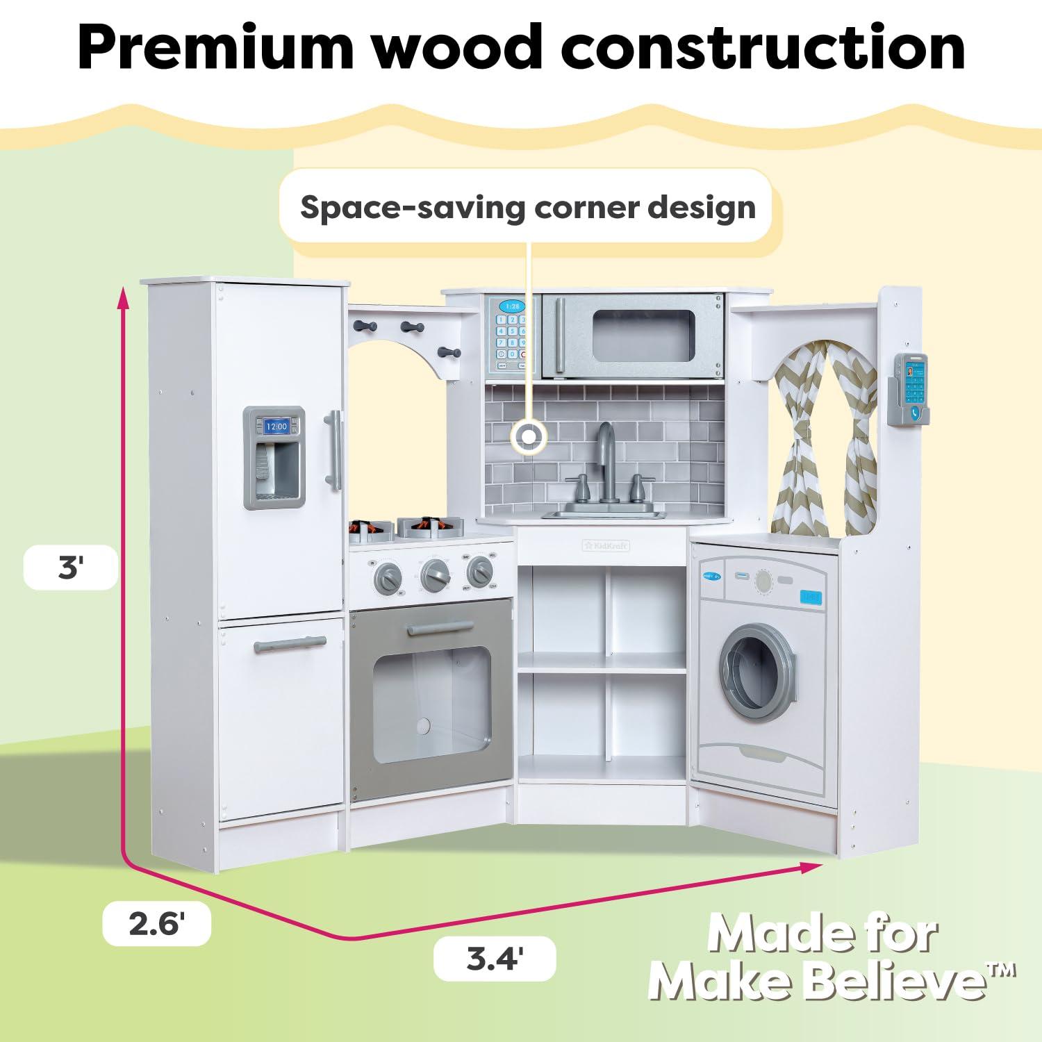 KidKraft Ultimate Corner Play Kitchen with Lights & Sounds - White with 1 Piece Accessory Play Set