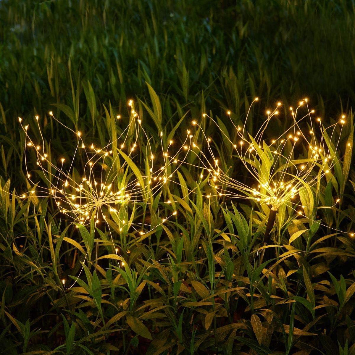 Christmas Outdoor Garden Decorative Lights, Solar Firework Lights 105 LED Powered 35 Copper Wires, DIY Flowers Fireworks Stars for Walkway Pathway Backyard Christmas Party Decor (Warm White 2 Pack)