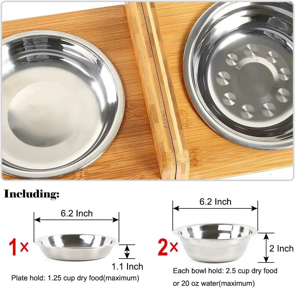 YY FOREYY Set of 2 Raised Pet Bowls for Dogs and Cats - Bamboo Tilted Single Elevated Dog Cat Food and Water Bowls Stand Feeder with 3 Stainless Steel Bowls and Anti Slip Feet for Comfort Feeding(S)