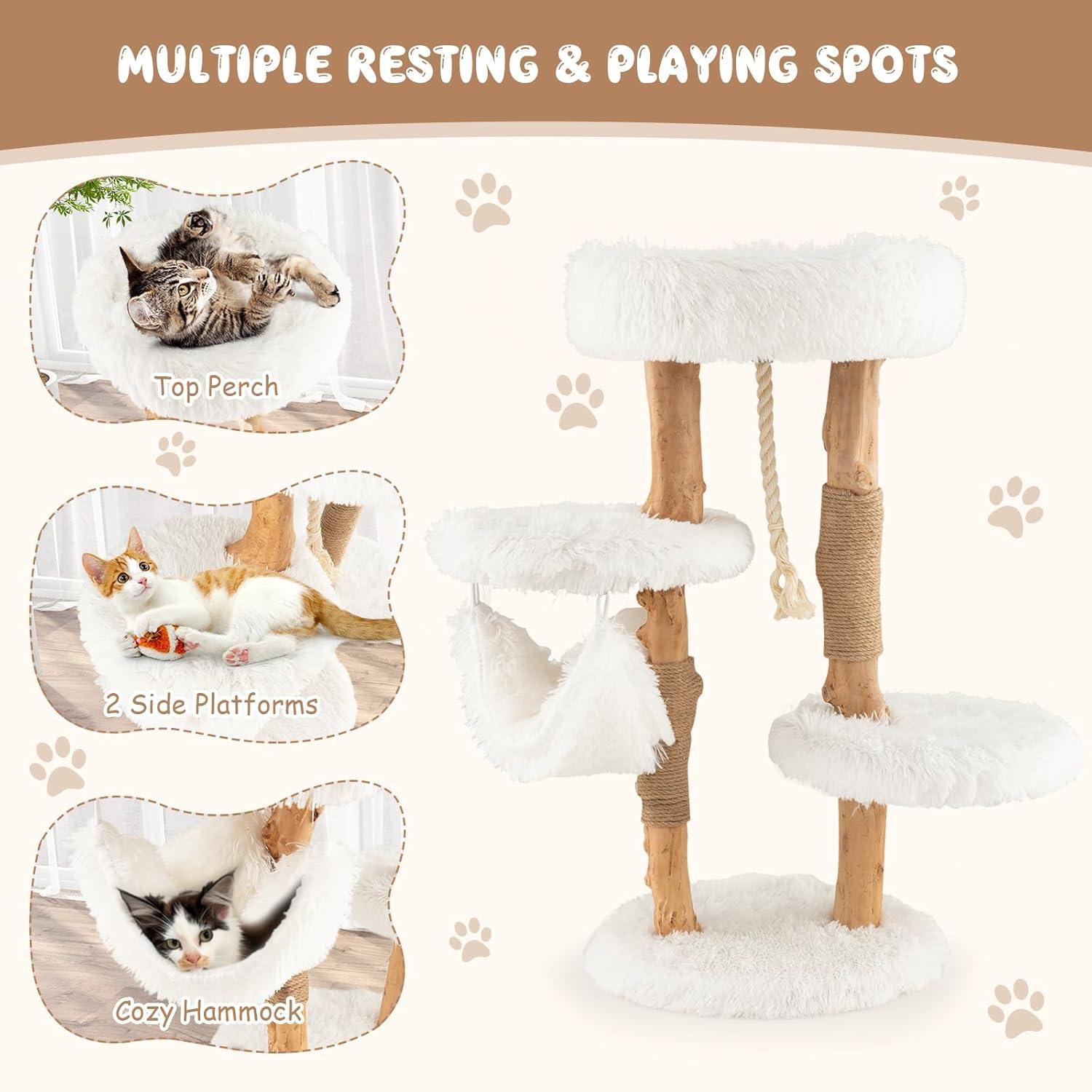 Tangkula 34" Tall Wooden Cat Tree Solid Wood Cat Tower with Jute Scratching Posts