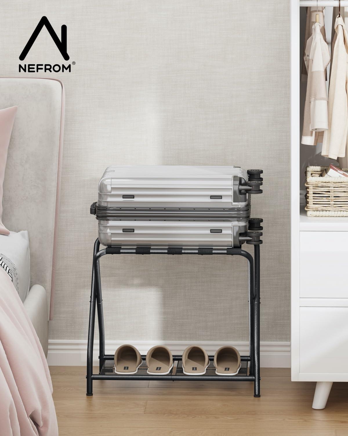 A Home Rack Set Of 2, Foldable Suitcase Stand With Storage Shelf, Metal Luggage Holder For Guest Room, Bedroom