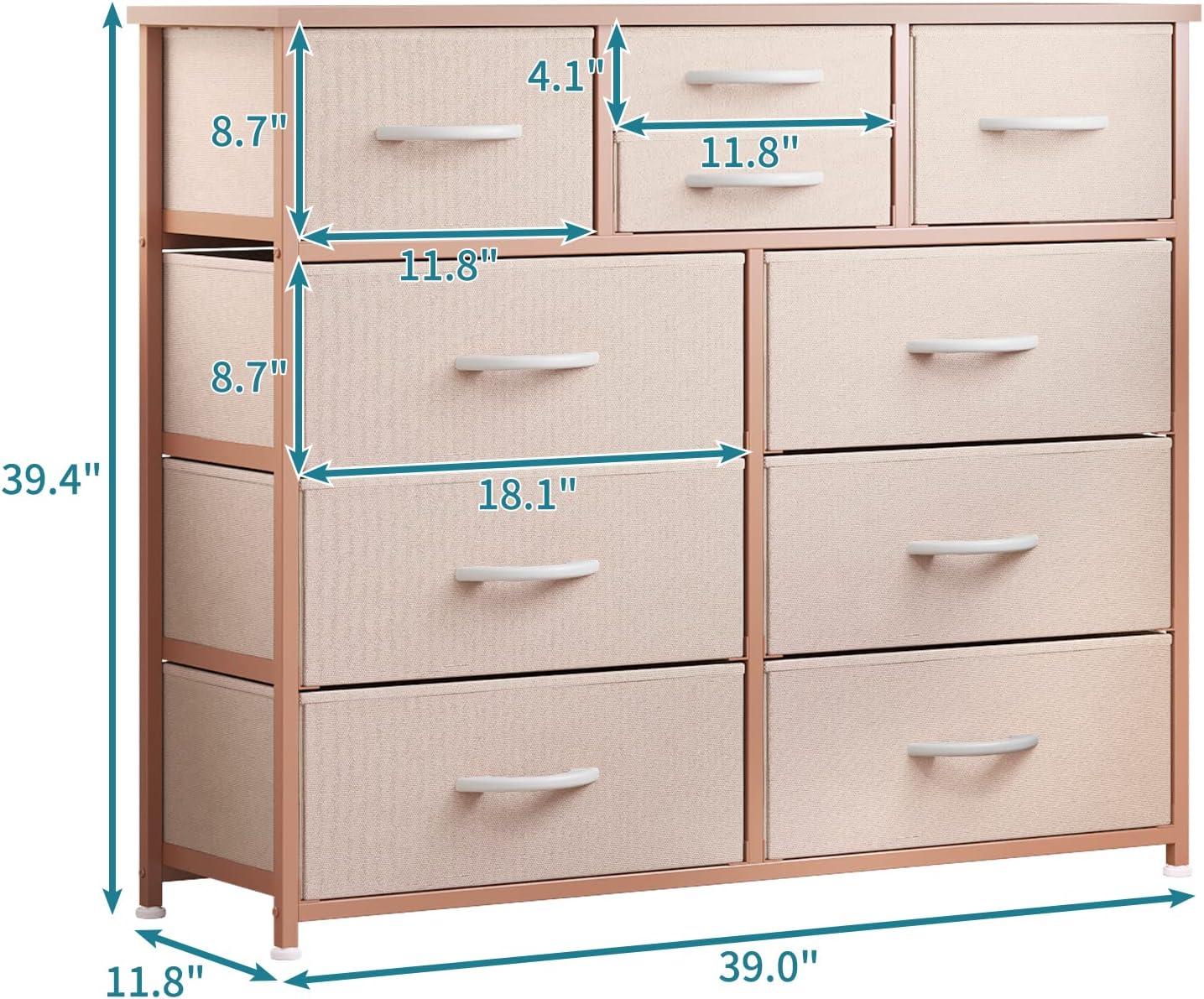 Dresser for Bedroom with 10 Drawers, Dressers & Chest of Drawers, Long Fabric Storage Drawer with Wood Tabletop for Kids Room, Closet, Hallway, Entryway