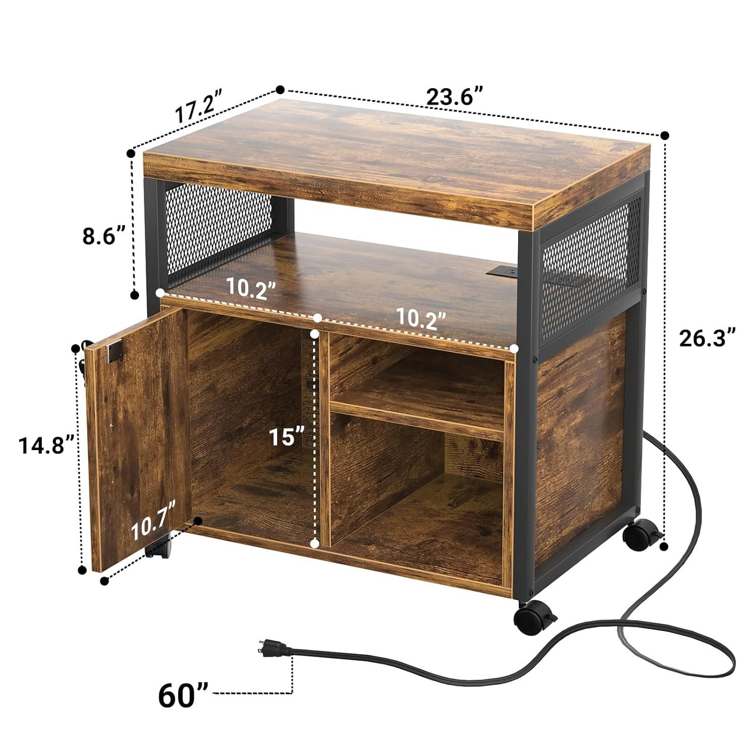 File Cabinet, Locking Office Filing Cabinets with Socket and USB Charging Port, Modern Rolling Printer Stand with Storage for Printer Scanner Fax Home Office Use with Wheels,Brown