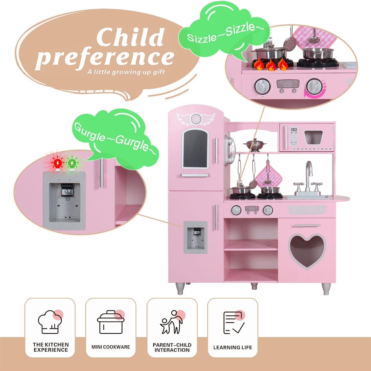 Pink Wooden Play Kitchen Set with LED Lights and Sounds