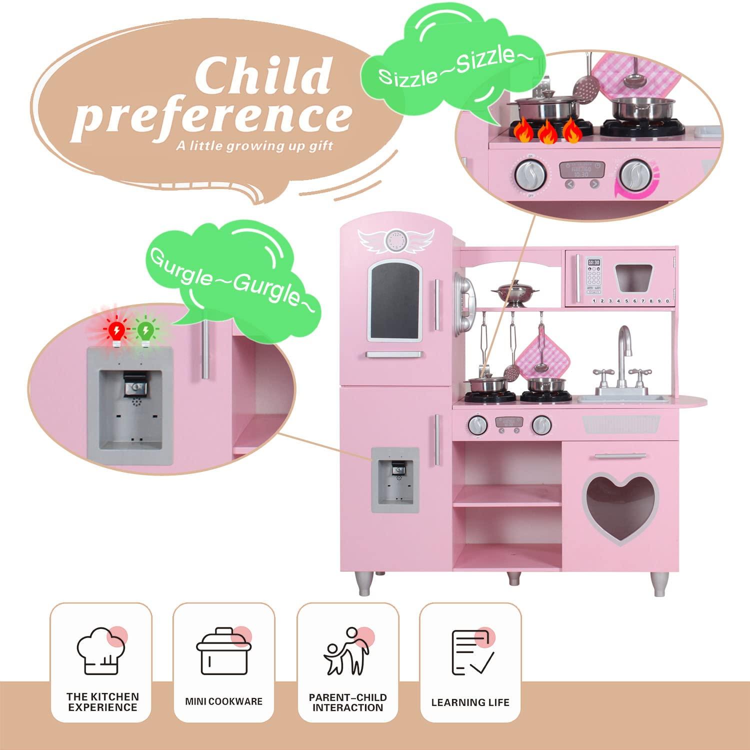 TaoHFE Play Kitchen, Pink Kids Kitchen Set for Girls Kitchen Set for Kids Ages 6-8 Gift Toddler Kitchen Set for Kid Age 3+ Kitchen Playset with Lights & Sounds Wooden Toy Kitchen Playset Gift
