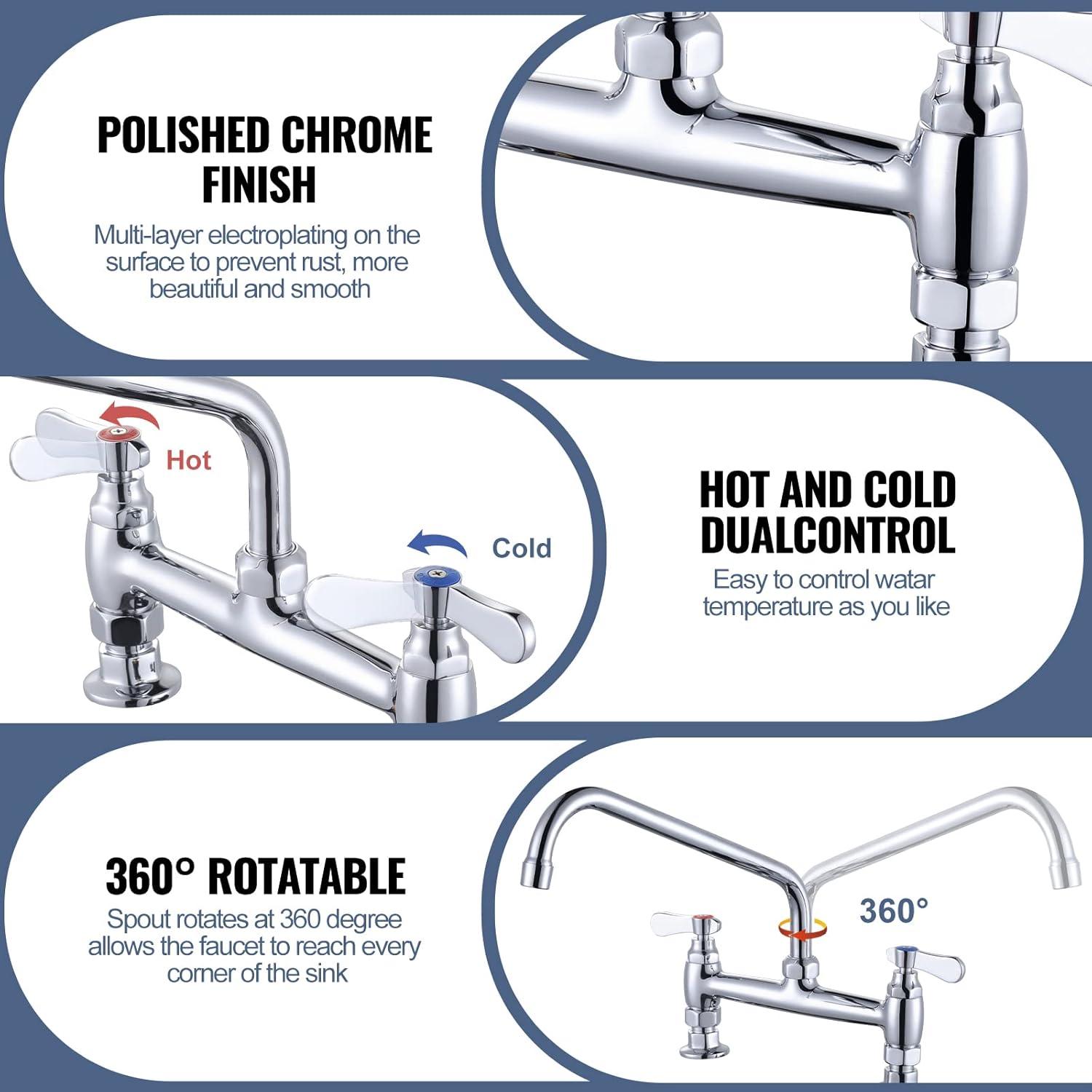 12" 2-Handle Deck Mounted Commercial Kitchen Faucet with Swivel Spout & Supply Lines In Chrome