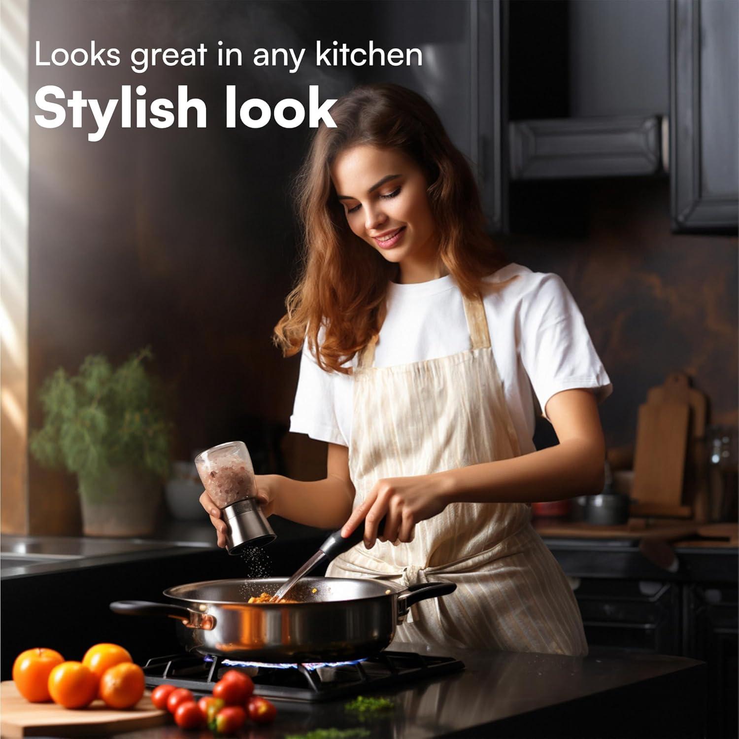 H&S Salt And Pepper Grinder Set - Manual Mill Grinders For Kitchen - Glass And Stainless Steel Spice Mills With Adjustable Coarseness - Easy To Use And Fill - Large Capacity - Kitchen Gadgets