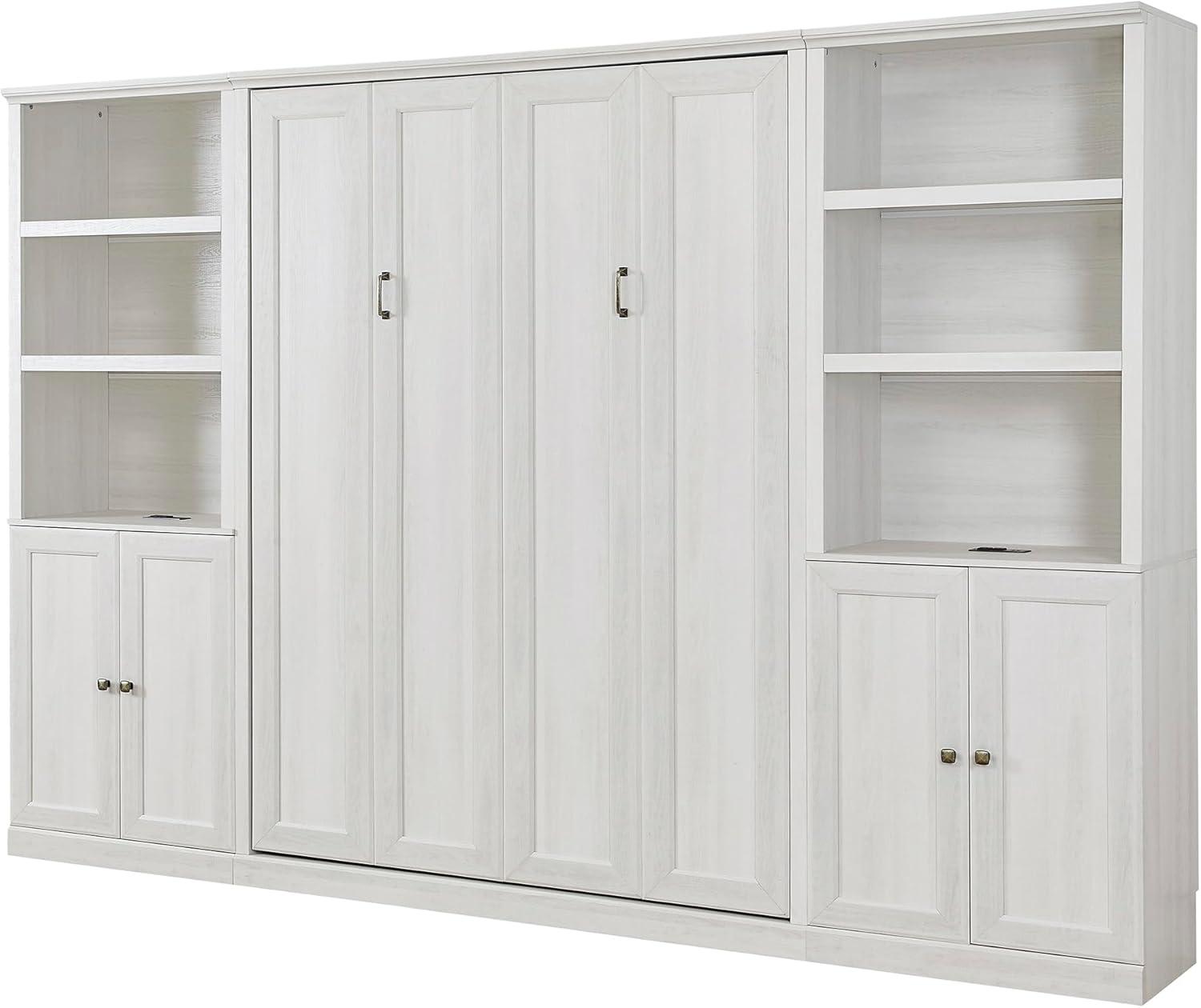 Rustic White Full Size Murphy Bed with Storage and USB Ports