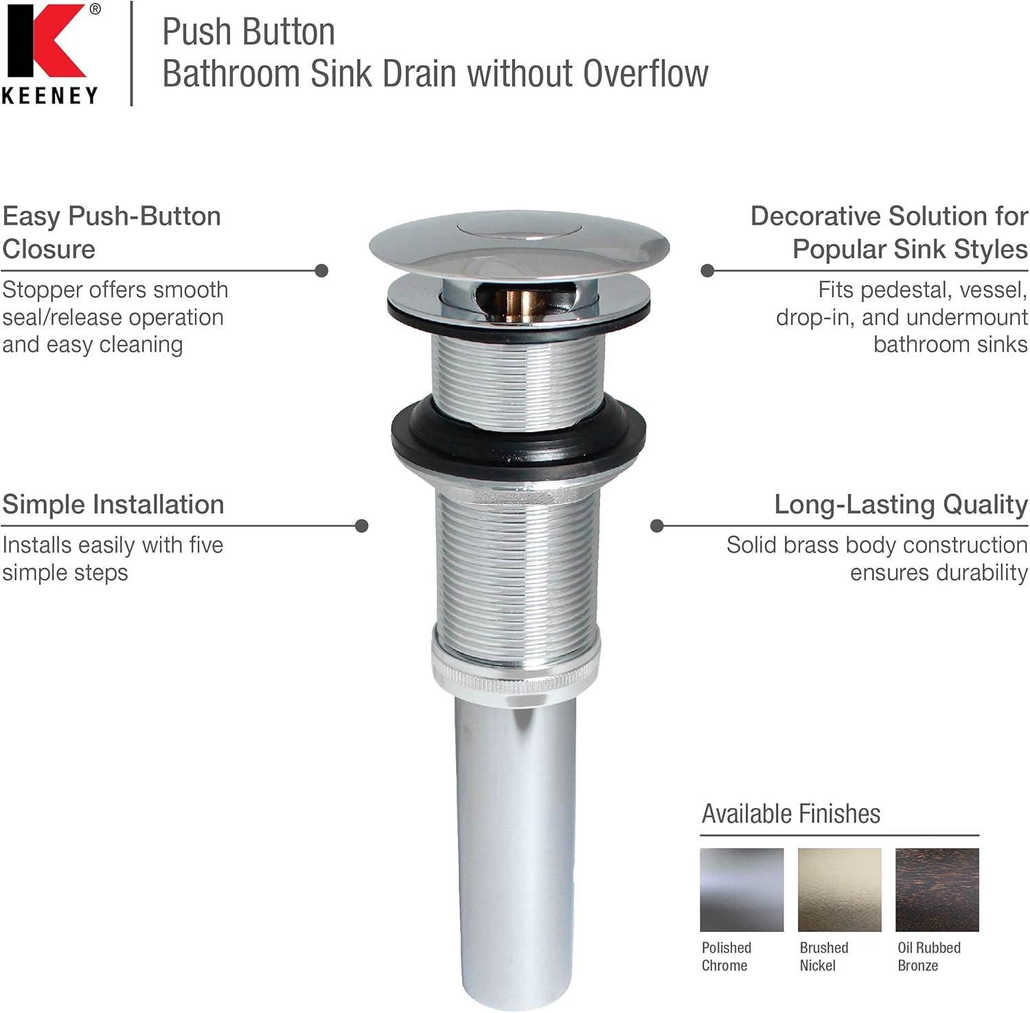 Keeney Decorative Solid Brass Pop-Up Drain for Bathroom Sinks Without Overflow, Chrome