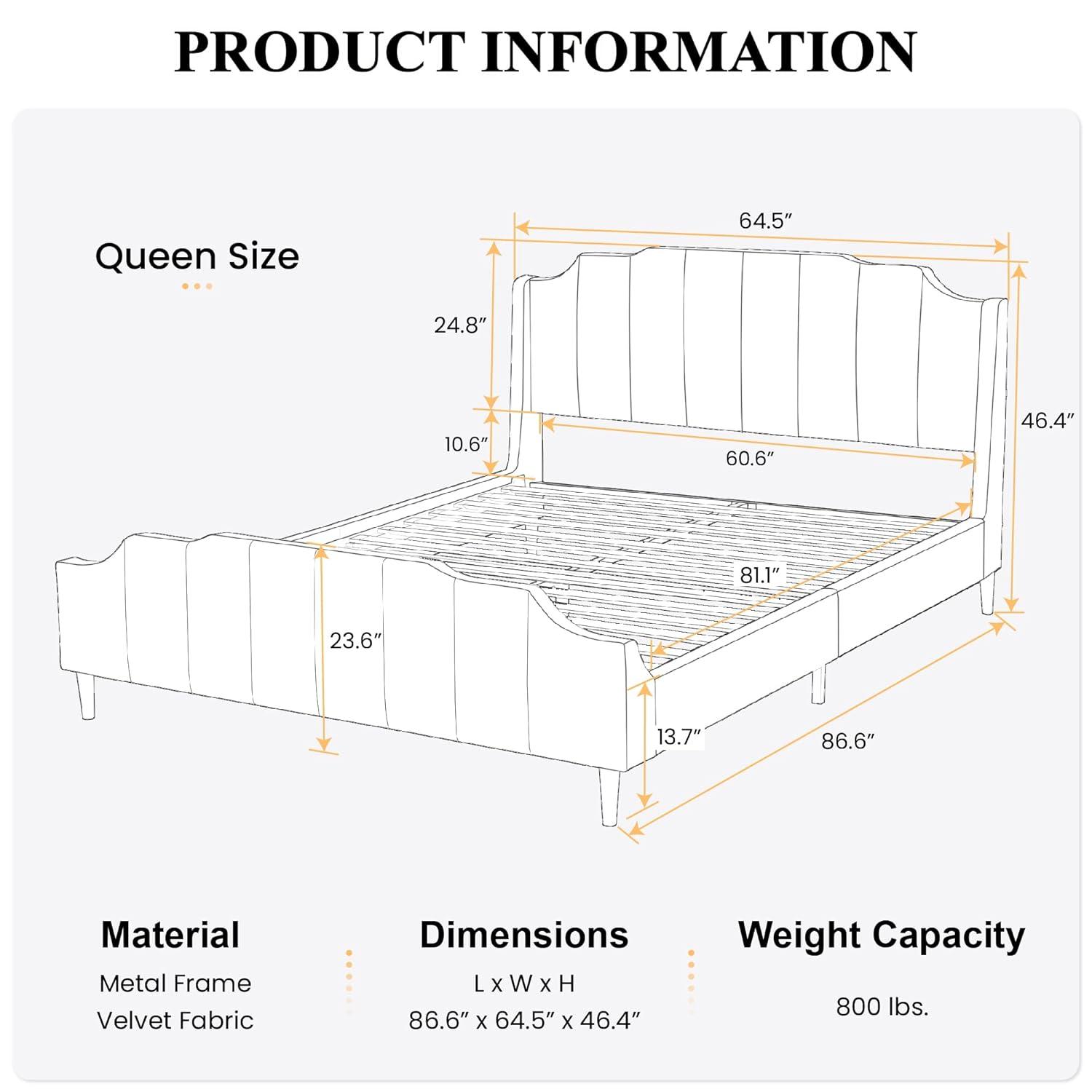 Sha Cerlin Queen Size Platform Bed Frame with Modern Curved Upholstered Wingback Headboard, Blue