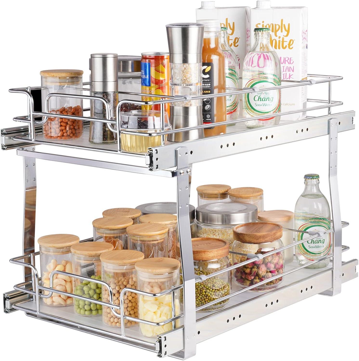 2 Tier 13"W x 21"D Pull Out Cabinet Organizer, Heavy Duty Slide Out Pantry Shelves, Chrome-Plated Steel Roll Out Drawers, Sliding Drawer Storage for Inside Kitchen Cabinet, Bathroom, Under Sink