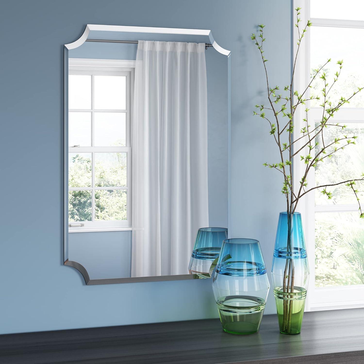 Howard Elliott Frameless Silver Rectangle Wall Hanging Mirror, Elegant Beveled Edges Frameless Wall Hanging Mirror, Modern Accent Decorative Vanity Mirror for Bathroom, Entryway, Bedroom, 24 x 36 inch