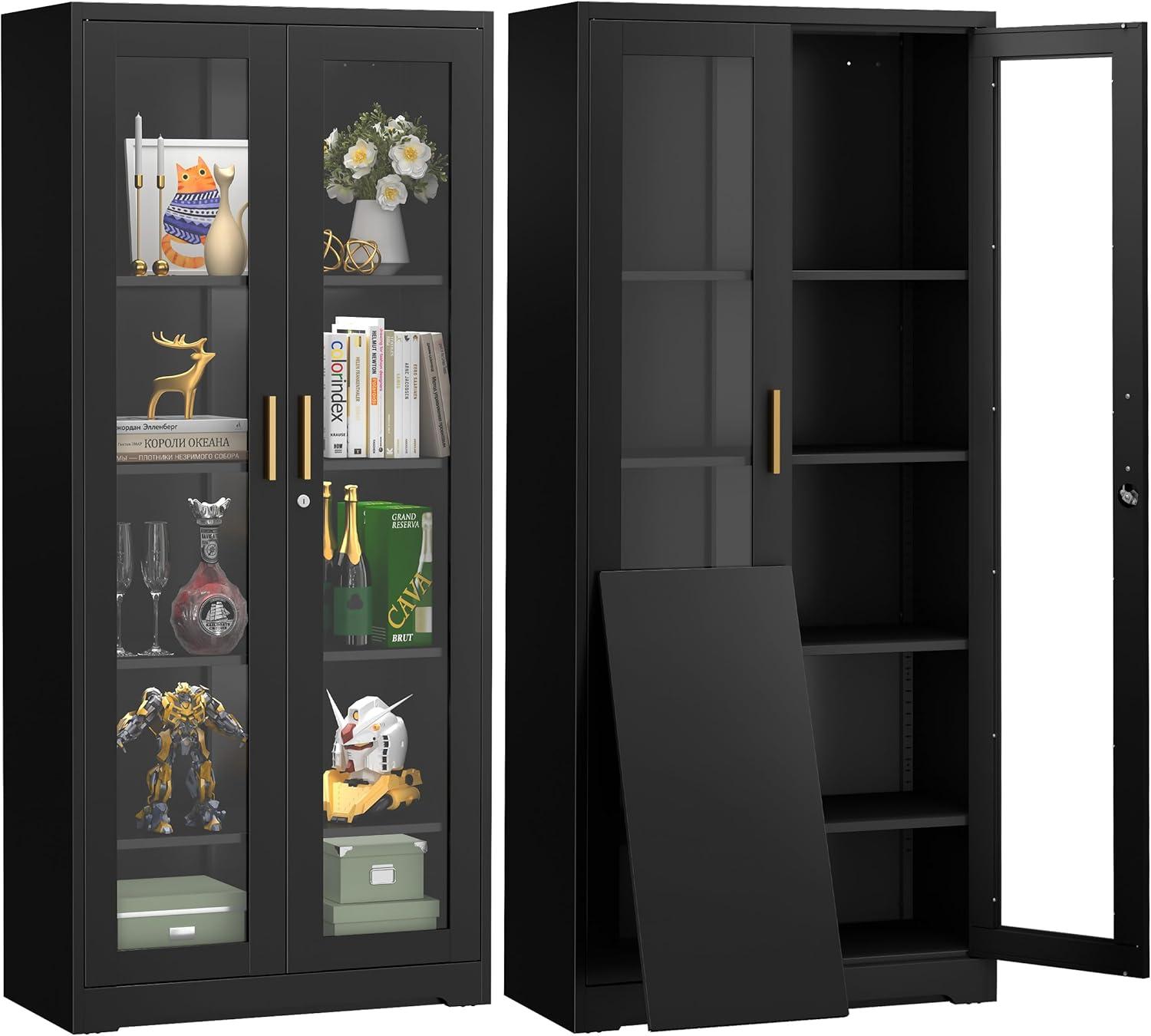 Display Cabinet With Glass Doors, Curio Cabinets With 4 Adjustable Shelves, Locking Glass Cabinet Display Case For Home, Office, Clinic, Pantry, Assemble Required