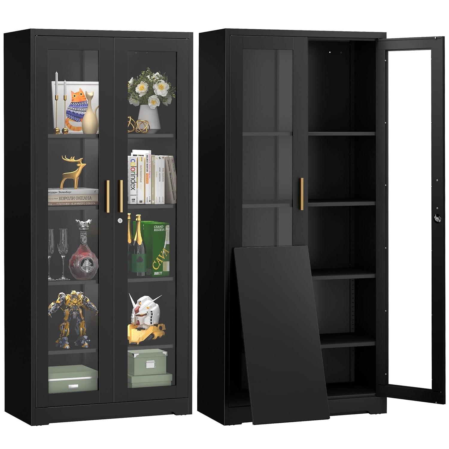 Display Cabinet With Glass Doors, Curio Cabinets With 4 Adjustable Shelves, Locking Glass Cabinet Display Case For Home, Office, Clinic, Pantry, Assemble Required