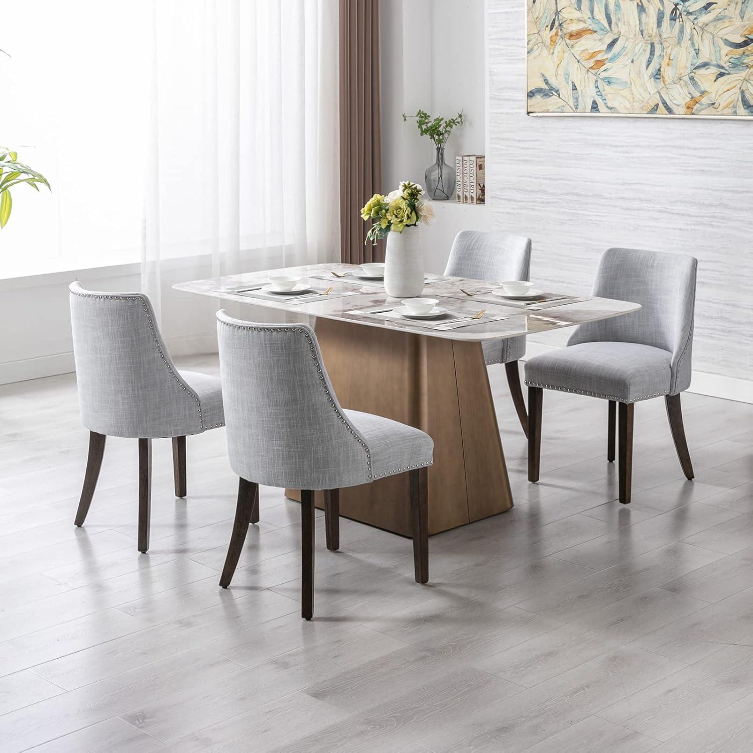 Gray Linen Upholstered Side Chairs with Nailhead Trim and Wood Legs