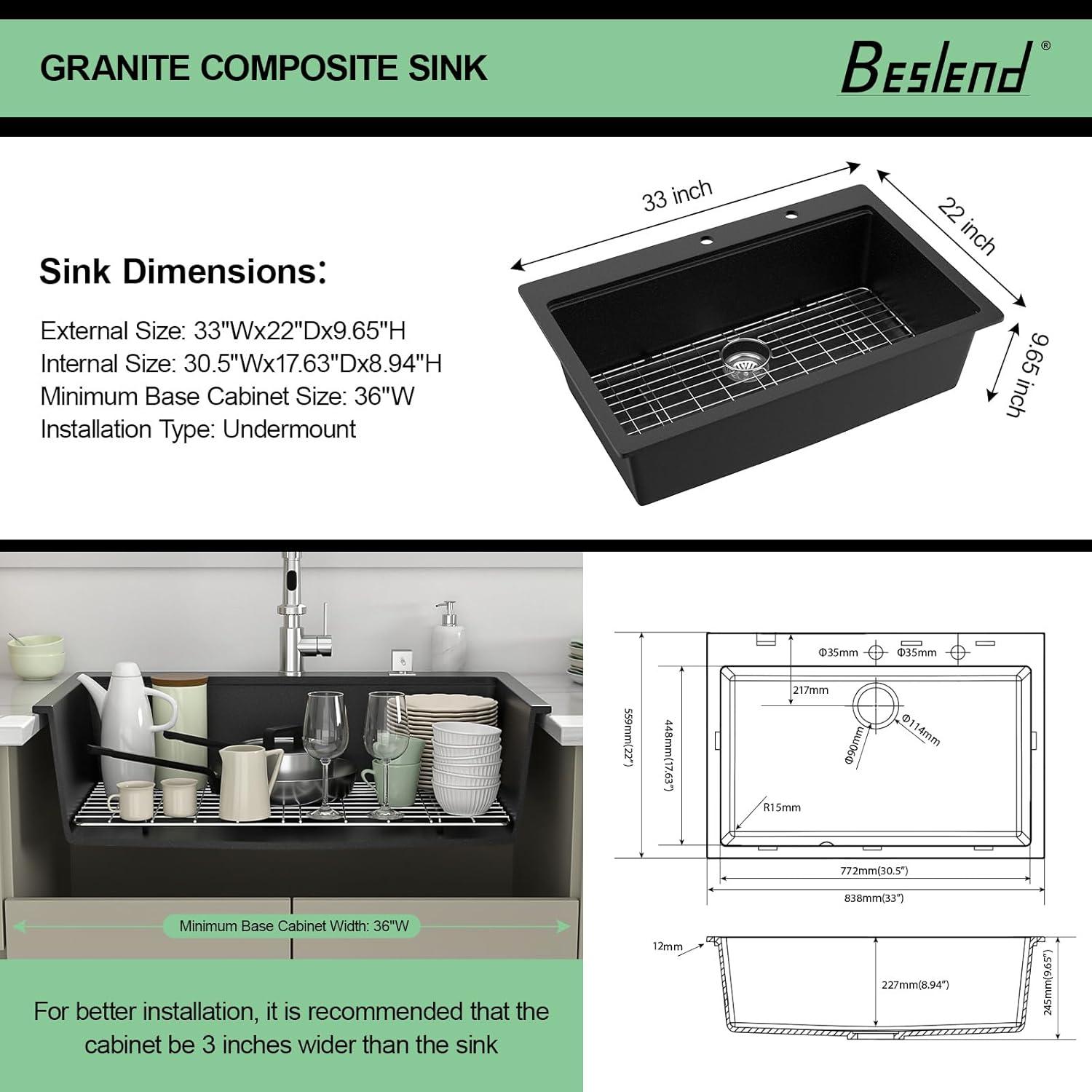 33 Granite Composite Kitchen Sink - 33x22 Inch Black Granite Kitchen Sinks Drop In Black Quartz Sink Ledge Workstation Classic Above Counter Single Bowl Sinks Basin