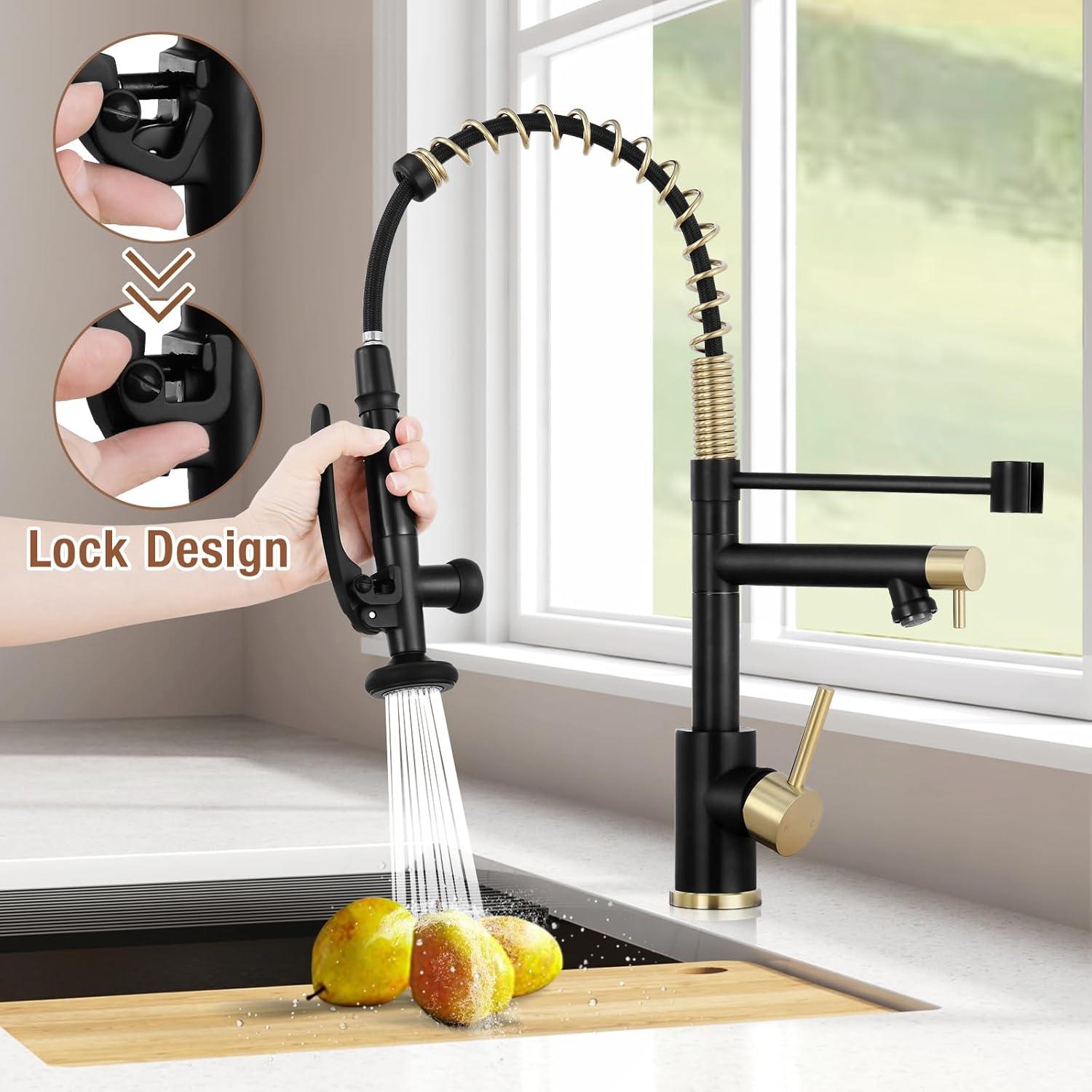 Matte Black and Gold Stainless Steel Pull Down Kitchen Faucet