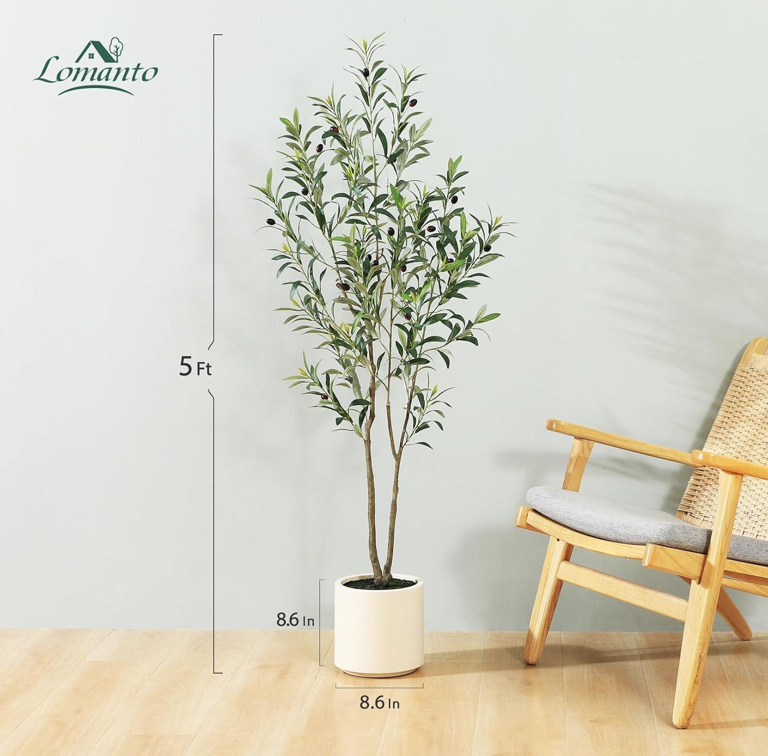 Artificial Olive Trees, 5 ft Tall Fake Olive Trees for Indoor, Faux Olive Silk Tree, Large Olive Plants with White Planter for Home Decor and Housewarming Gift, 1 Pack