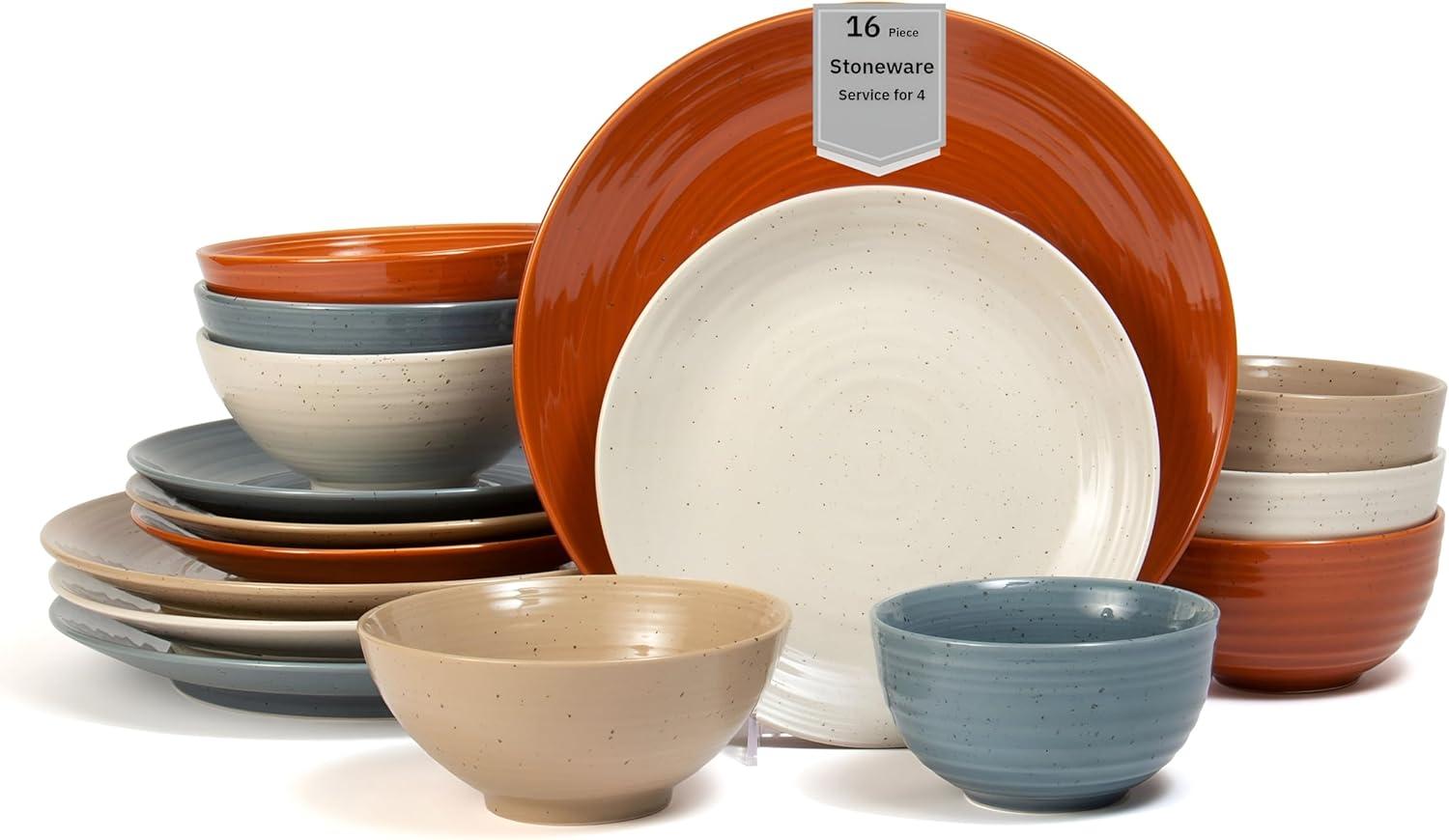 Sango Siterra Painter's Palette 16-Piece Stoneware Dinnerware Set - Service For 4, Plate & Bowl Set