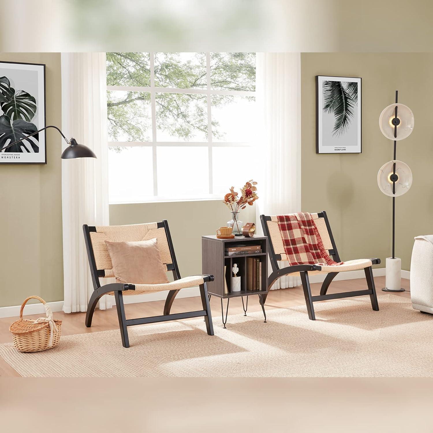 Beech Modern Leather Accent Chairs for Living Room,Mid Century Lounge Chair,Side Brown Leather Chair Indoor Boho Scandinavian Cognac Woven Rattan Faux Leather Accent Chair