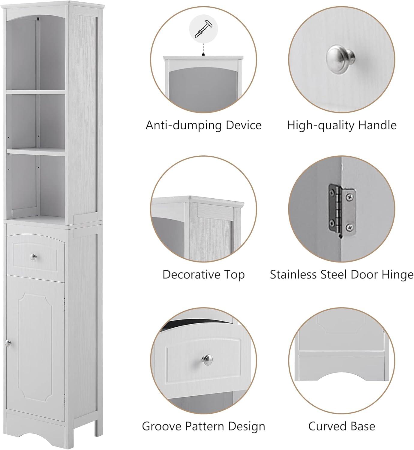 Tall White MDF Living Room Storage Cabinet with Shelves and Drawer