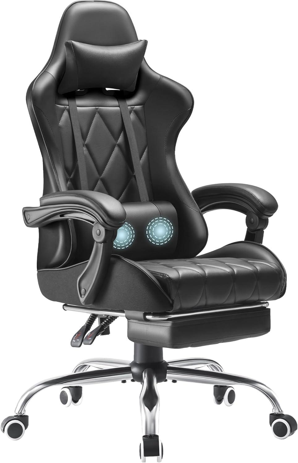 Black Ergonomic Gaming Chair with Footrest and Massage Lumbar Support