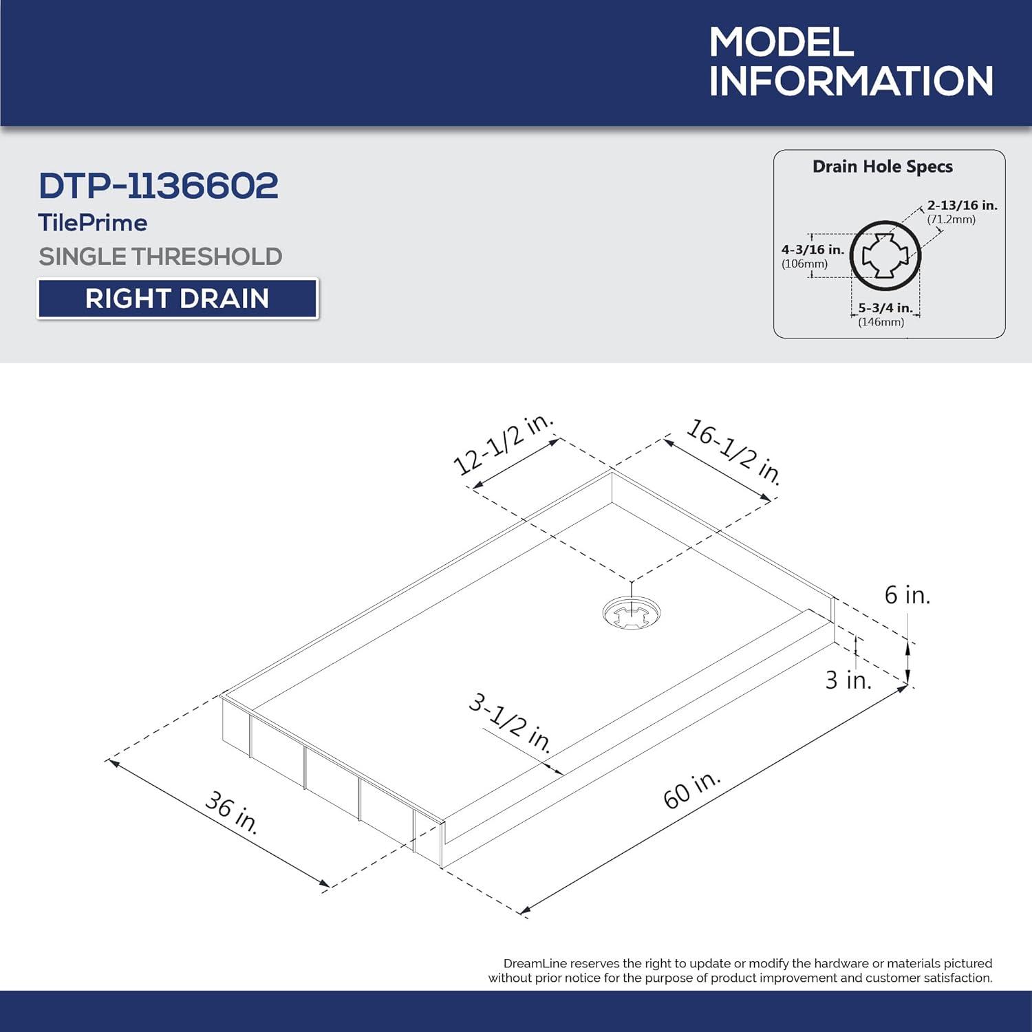 DreamLine DTP-1136602 TilePrime 36" D x 60" W x 3" H Single Threshold Shower Base, Right Drain