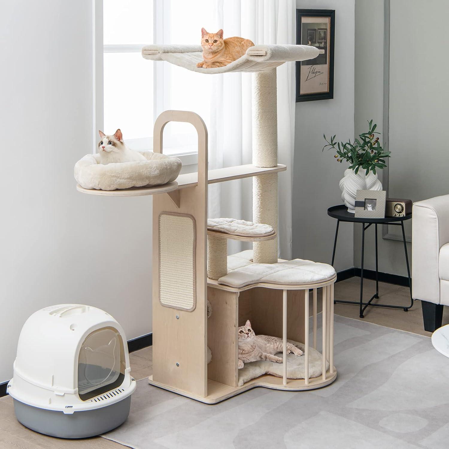 Tangkula Wood Cat Tree for Indoor Cats, 55 Inch Multi-Level Cat Tower Activity Center with Hammock, Cat Condo, Sisal Scratching Posts & Washable Cushions, Modern Cat Tree Houses for Large Cats