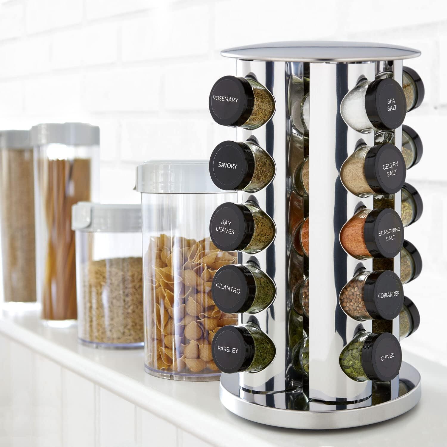 Polished Stainless Steel Revolving 20-Jar Countertop Spice Rack