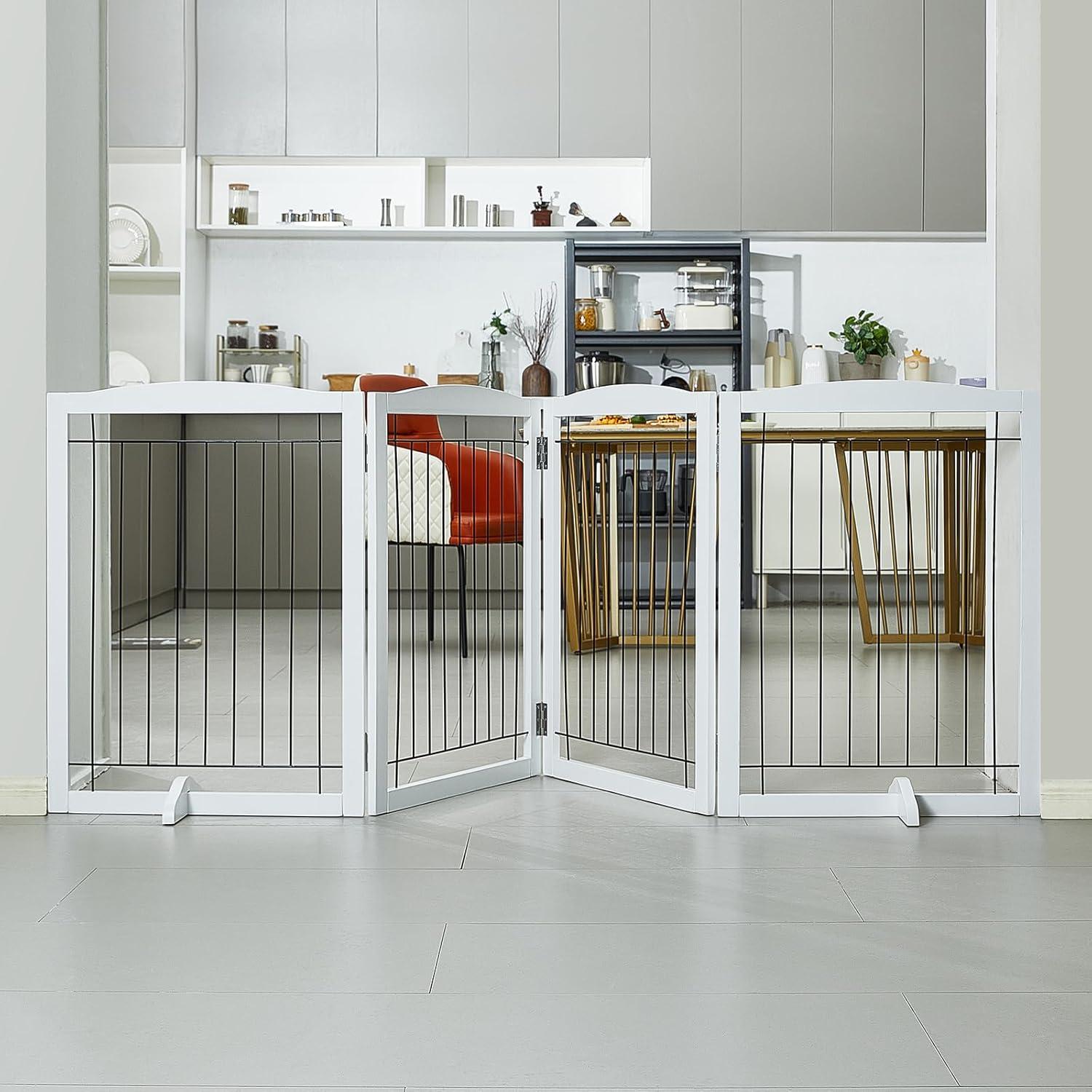 White Freestanding Solid Wood and Metal Pet Gate