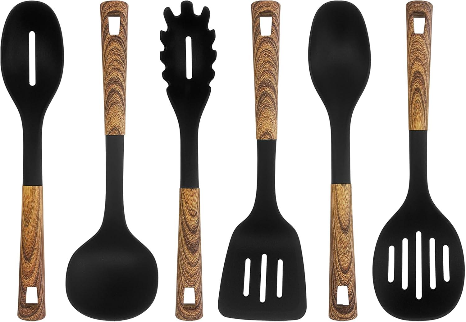 6-Piece Black Nylon Kitchen Utensils Set with Wood Coated Handles