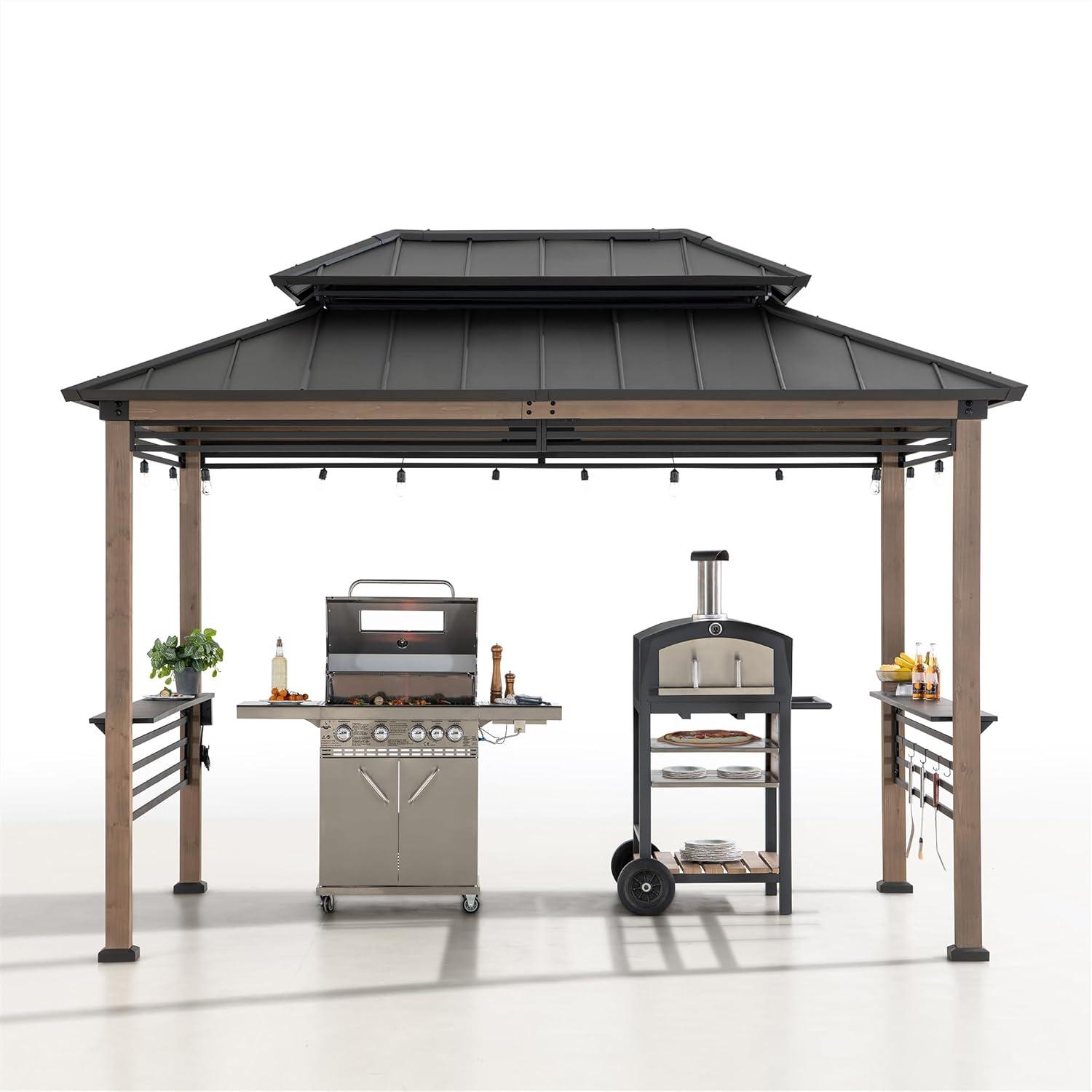 Sunjoy 8ft. x 12 ft. Aspen Cedar Framed Grill Gazebo with exclusive AC Power Port - Brown