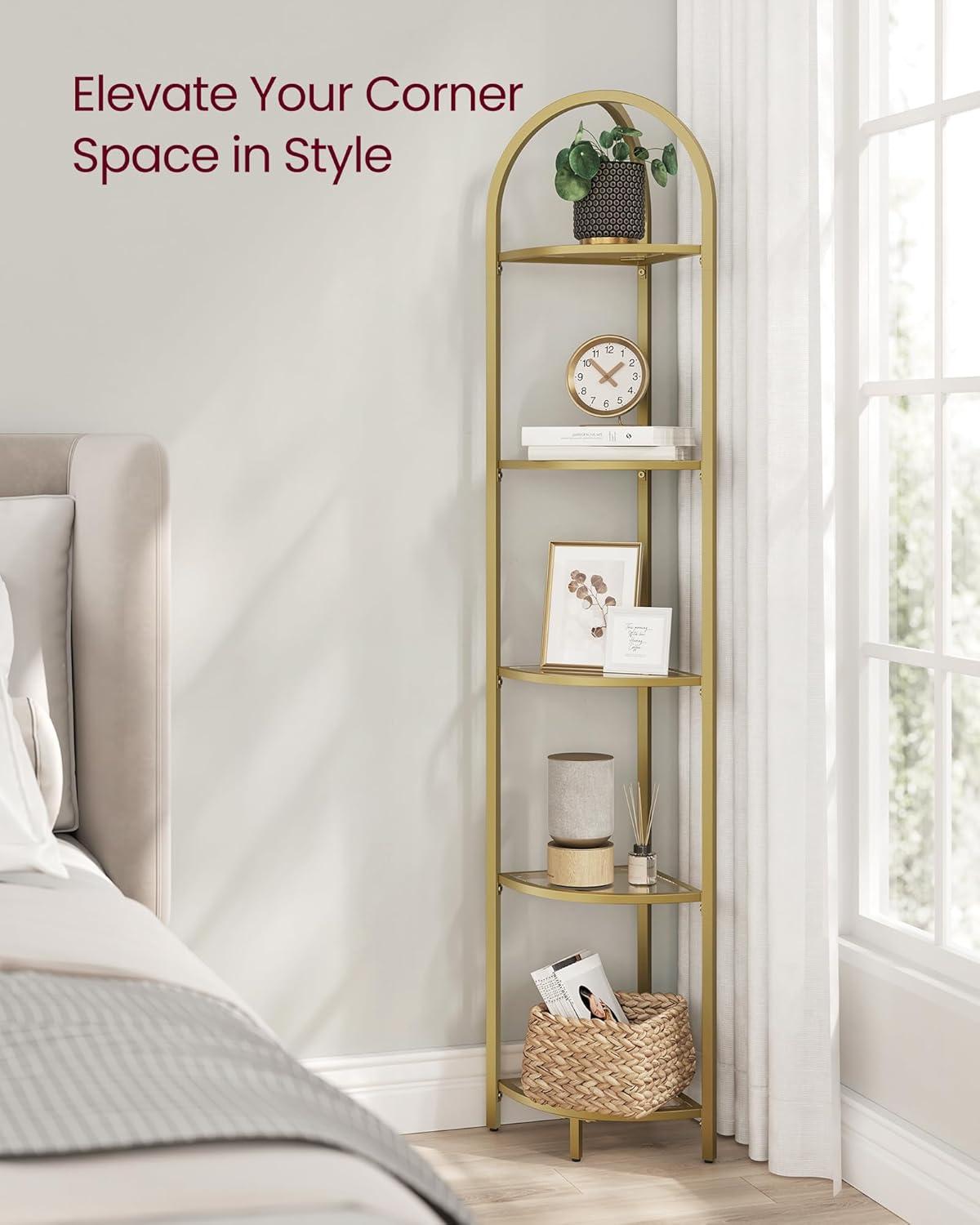 HOOBRO 5-Tier Corner Shelf Stand, Black Corner Bookshelf, Tempered Glass Shelves, Bathroom Organizer, Corner Plant Stand, for Living Room, Study, Balcony, Home Office, Modern Style, Black BK15CJ01