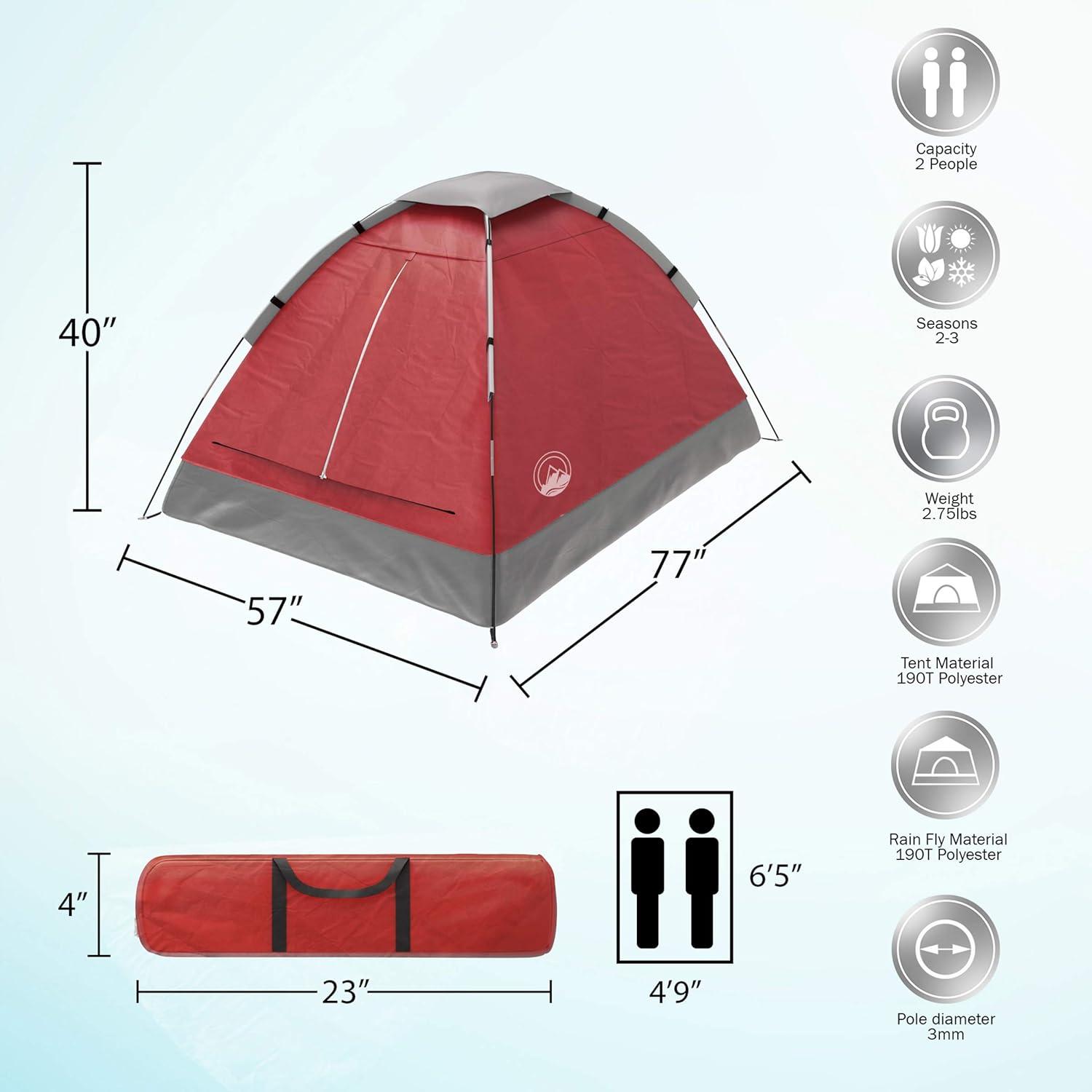 2-Person Dome Tent with Camping Accessories - Including Rain Fly and Carry Bag in Red - by Wakeman Outdoors